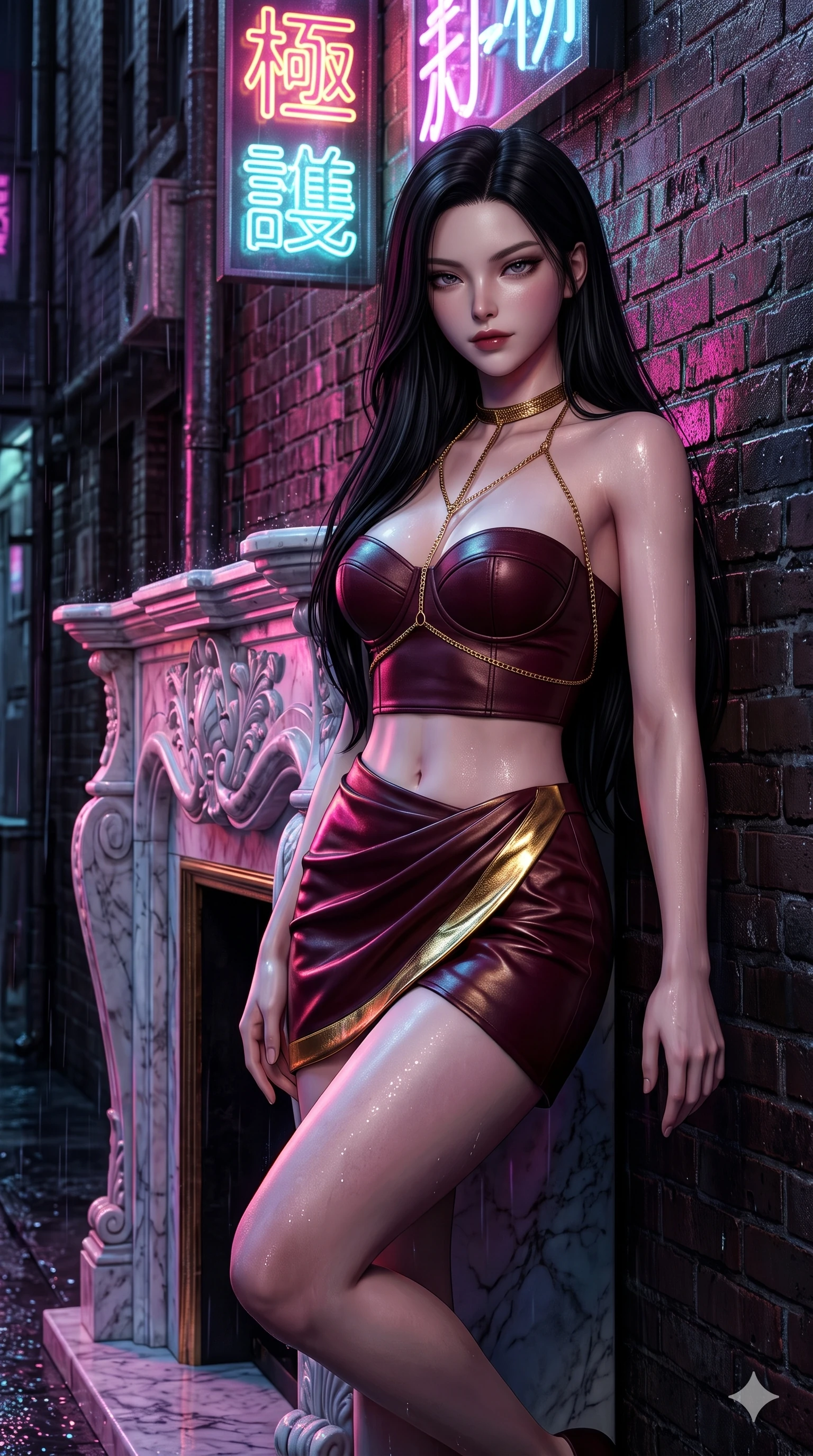 score_9, masterpiece, best quality, ultra-detailed, high-budget anime keyframe, semi-realistic 3D game render, editorial fashion photography, tasteful artistic composition, Korean woman. close-up cowboy shot from the waist and thighs up, the character dominates the composition, filling the frame with her large presence. standing poised beside a towering marble fireplace with hips cocked back, casting an alluring, sovereign gaze toward the viewer while leaning against the rain-soaked brick wall beneath glowing neon kanji signs, one knee bent as her smoldering gaze holds the camera. The surrounding environment is rendered in vivid detail and crisp panoramic clarity: detailed asymmetric metallic mini dress cling, liquid surface sheen, and gritty urban textures in razor-sharp precision. She has an exceptionally elegant, slender, and willowy female figure with an ultra-slim waist, flat toned midriff, narrow ribcage, and sculpted feminine hips creating an alluring, slim hourglass silhouette without bulk. sharp v-shaped jawline, high-bridge nose, intricate jewel-like dark sparkling eyes with dangerous depth, thick curled eyelashes, glossy parted lips with a rich wine sheen, smoldering seductive half-smile with bedroom-eyes, exuding effortless superiority and intoxicating dark allure, flawlessly proportioned anatomical accuracy, strict slender model proportions, natural body alignment, perfectly sculpted long slender limbs, ultra-slim waistline, clean dynamic posture without body distortion. wearing a structured underwire leather bustier top paired with an ultra-short draped wrap mini skirt in deep wine burgundy and lustrous gold foil, made of supple butter-soft lambskin leather with a subtle satin sheen, accented with a gold body chain harness subtly framing her dewy collarbones and spine, the liquid-tight tailored fabric clinging flawlessly to her narrow waist and rounded feminine hips, emphasizing every millimeter of her sculpted slim hourglass curves without any bulky heaviness. bathed in high-saturation multi-hued neon reflections bouncing off wet alley walls and glistening skin. highly saturated vibrant anime colors, detailed shading with soft gradients, rich glossy textures, high-contrast stereoscopic depth, volumetric dynamic lighting, master piece, 9:16 ratio