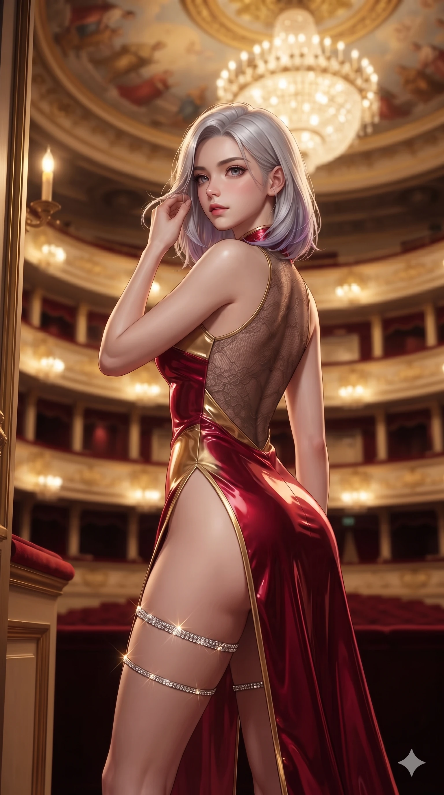 score_9, masterpiece, best quality, ultra-detailed, high-budget anime keyframe, semi-realistic 3D game render, editorial fashion photography, tasteful artistic composition, Caucasian woman. close-up cowboy shot from the waist and thighs up, the character dominates the composition, filling the frame with her large presence. gently brushing a lock of hair behind her ear while casting a playful, flirtatious side-gaze with long eyelashes while stepping gracefully toward the box entrance, looking over a bare shoulder with an irresistible smoldering bedroom-gaze. The composition keeps background elements in soft focus with creamy bokeh: horseshoe tiers of gilded private boxes, illuminated frescoed ceiling dome, and massive central crystal chandelier blurred into gold, ivory, and scarlet bokeh. She has an exceptionally elegant, slender, and willowy female figure with an ultra-slim waist, flat toned midriff, narrow ribcage, and sculpted feminine hips creating an alluring, slim hourglass silhouette without bulk. sharp v-shaped jawline, high-bridge nose, intricate jewel-like eyes with depth, thick eyelashes, glossy parted lips with a natural sheen, intensely captivating and seductive bedroom-eyes expression, flawlessly proportioned anatomical accuracy, strict slender model proportions, natural body alignment, perfectly sculpted long slender limbs, ultra-slim waistline, clean dynamic posture without body distortion. wearing a modernized cyber-qipao mini dress with an ultra-high side slit ascending to the hip and sheer lace back in royal crimson velvet and burnished gold, tailored from high-gloss patent leather with mirror-like specular highlights, finished with delicate crystal-encrusted thigh garter straps glinting in the dim light, the precision-cut side openings and low-back scoop framing her graceful spine and the sensual sweep of her slim, toned hips. bathed in warm 2500K golden wall sconce radiance contrasted with dramatic auditorium ambient glow. highly saturated vibrant anime colors, detailed shading with soft gradients, rich glossy textures, high-contrast stereoscopic depth, volumetric dynamic lighting, master piece, 9:16 ratio
