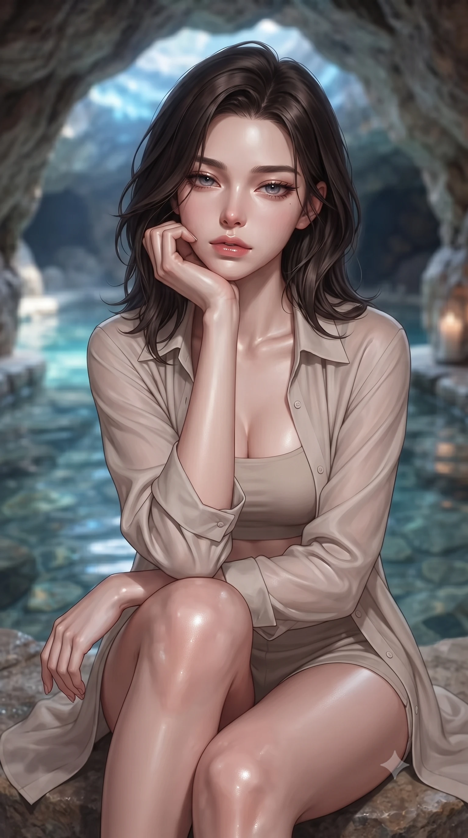 score_9, masterpiece, best quality, ultra-detailed, high-budget anime keyframe, editorial fashion photography, tasteful artistic composition, Korean woman woman. close-up cowboy shot from the waist and thighs up, the character dominates the composition, filling the frame with her large presence, background elements kept in soft focus. resting her chin on the backs of her fingers, casting a heavy-lidded, sultry look past the camera the background shows a soft-focus a private stone bath pool built inside a natural rock cave with clear mineral water. She has an exceptionally elegant, slender, and willowy female figure with an ultra-slim waist, a gracefully sculpted slender torso, and a refined silhouette. sharp v-shaped jawline, high-bridge nose, intricate jewel-like eyes with depth, thick eyelashes, glossy lips with a natural sheen. wearing a tailored lightweight chiffon cover-up shirt worn open over a crop top and high-cut shorts. soft blue light reflecting from the pool water onto the rocky cave ceiling. ultra-reflective glossy finish, specular highlights, metallic sheen, high-contrast stereoscopic depth, volumetric dynamic lighting, 2k, ultra detail, master piece, 9:16 ratio