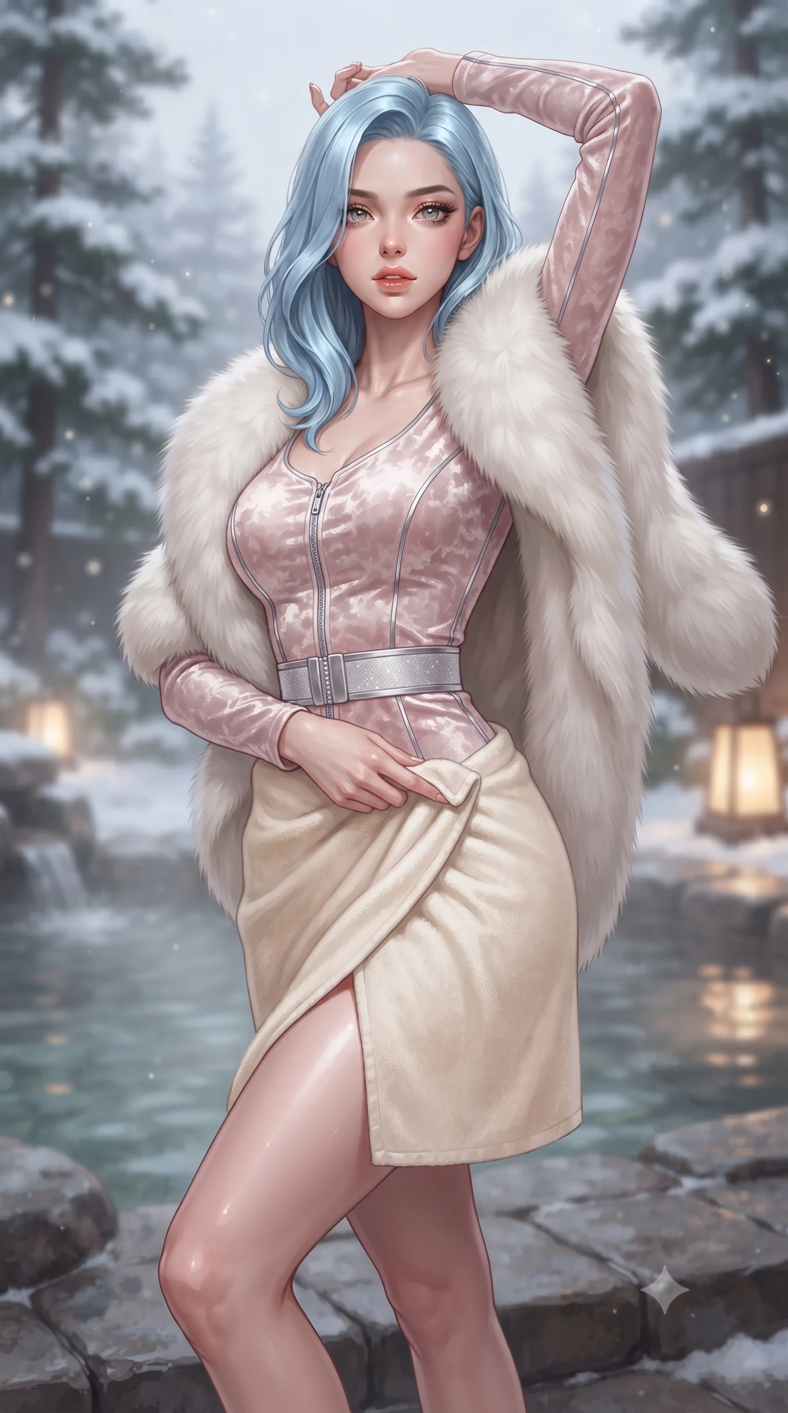 score_9, masterpiece, best quality, ultra-detailed, high-budget anime keyframe, editorial fashion photography, tasteful artistic composition, Korean woman. close-up cowboy shot from the waist and thighs up, the character dominates the composition, filling the frame with her large presence. arching her back languidly with arms stretching overhead, highlighting her narrow waist and feminine silhouette in pure supermodel elegance while stepping out onto the heated stone pool deck, wrapping a plush towel around her waist with effortless supermodel poise. The composition keeps background elements in soft focus with creamy bokeh. snow-covered cedar pines and glowing outdoor lanterns softened in dreamy shallow focus. She has an exceptionally elegant, slender, and willowy female figure with an ultra-slim waist, a gracefully sculpted slender torso, toned flat midriff, and a refined slim silhouette. sharp v-shaped jawline, high-bridge nose, intricate jewel-like eyes with depth, thick eyelashes, glossy parted lips with a natural sheen, intensely captivating and seductive expression, flawlessly proportioned anatomical accuracy, strict slender model proportions, natural body alignment, perfectly sculpted long slender limbs, ultra-slim waistline, clean dynamic posture without body distortion. wearing a form-fitting thermal catsuit with reflective silver piping and an ultra-flattering waist-cinching belt in pale blush pink and frosted silver accents, crafted from crushed silk velvet with liquid frost-like luster, complemented by an opulent white fox-fur stole draped loosely over her shoulders, the sweeping couture drape swaying majestically with her steps, accentuating her tall statuesque limbs and slender waistline. surrounded by an intimate, tranquil, and deeply sensual mountain onsen muse aura. ultra-reflective glossy finish, specular highlights, rich textural contrasts, high-contrast stereoscopic depth, volumetric dynamic lighting, 2k, ultra detail, master piece, 9:16 ratio