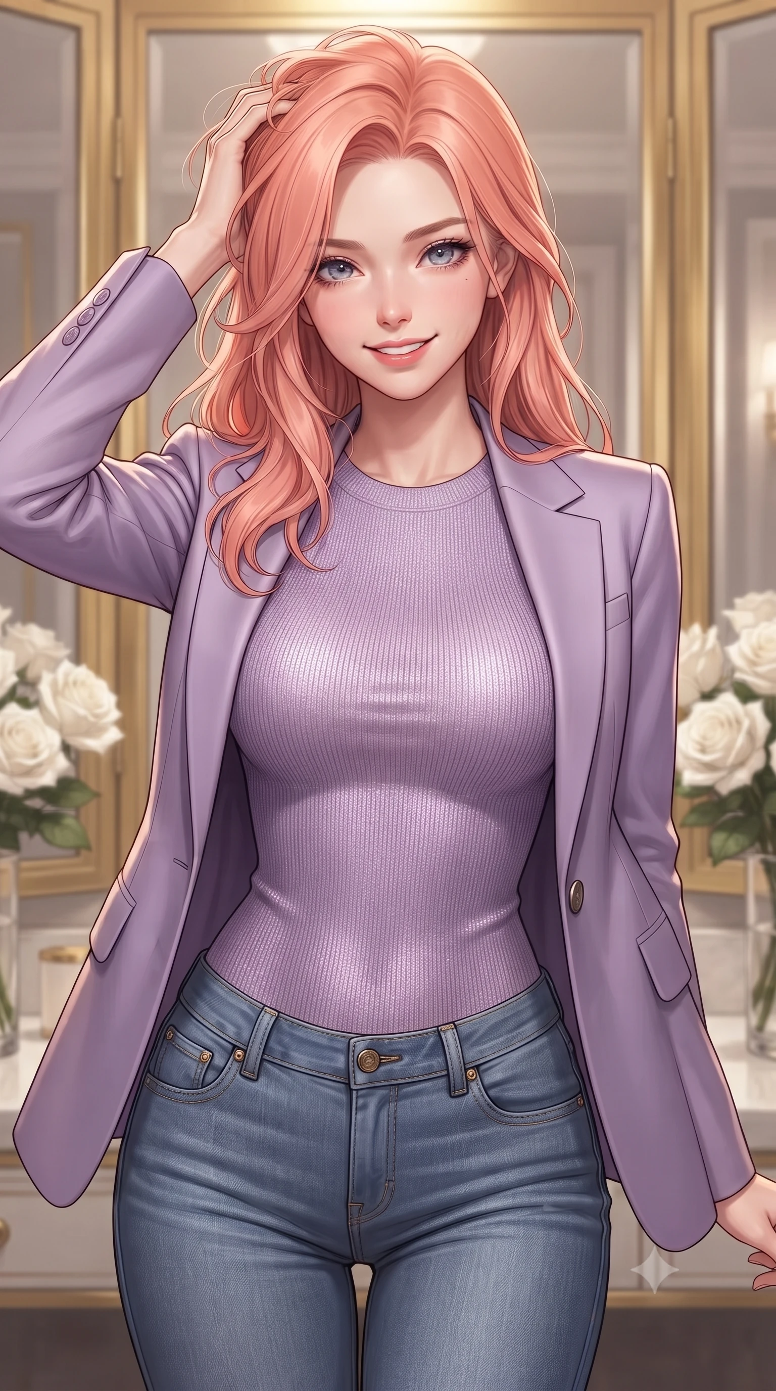 score_9, masterpiece, best quality, ultra-detailed, high-budget anime keyframe, editorial fashion photography, tasteful artistic composition, Japanese woman woman. close-up cowboy shot from the waist and thighs up, the character dominates the composition, filling the frame with her large presence, background elements kept in soft focus. smiling with quiet, magnetic self-assurance directly into the camera, running a hand through her hair the background shows a soft-focus a corner of a luxury hotel suite with gold-trimmed mirrors and white roses. She has an exceptionally elegant, slender, and willowy female figure with an ultra-slim waist, a gracefully sculpted slender torso, and a refined silhouette. sharp v-shaped jawline, high-bridge nose, intricate jewel-like eyes with depth, thick eyelashes, glossy lips with a natural sheen. wearing a body-hugging tight-fitting lavender knit bodysuit worn under a tailored open blazer and jeans. soft spotlighting highlighting the silk textures of her gown. ultra-reflective glossy finish, specular highlights, metallic sheen, high-contrast stereoscopic depth, volumetric dynamic lighting, 2k, ultra detail, master piece, 9:16 ratio