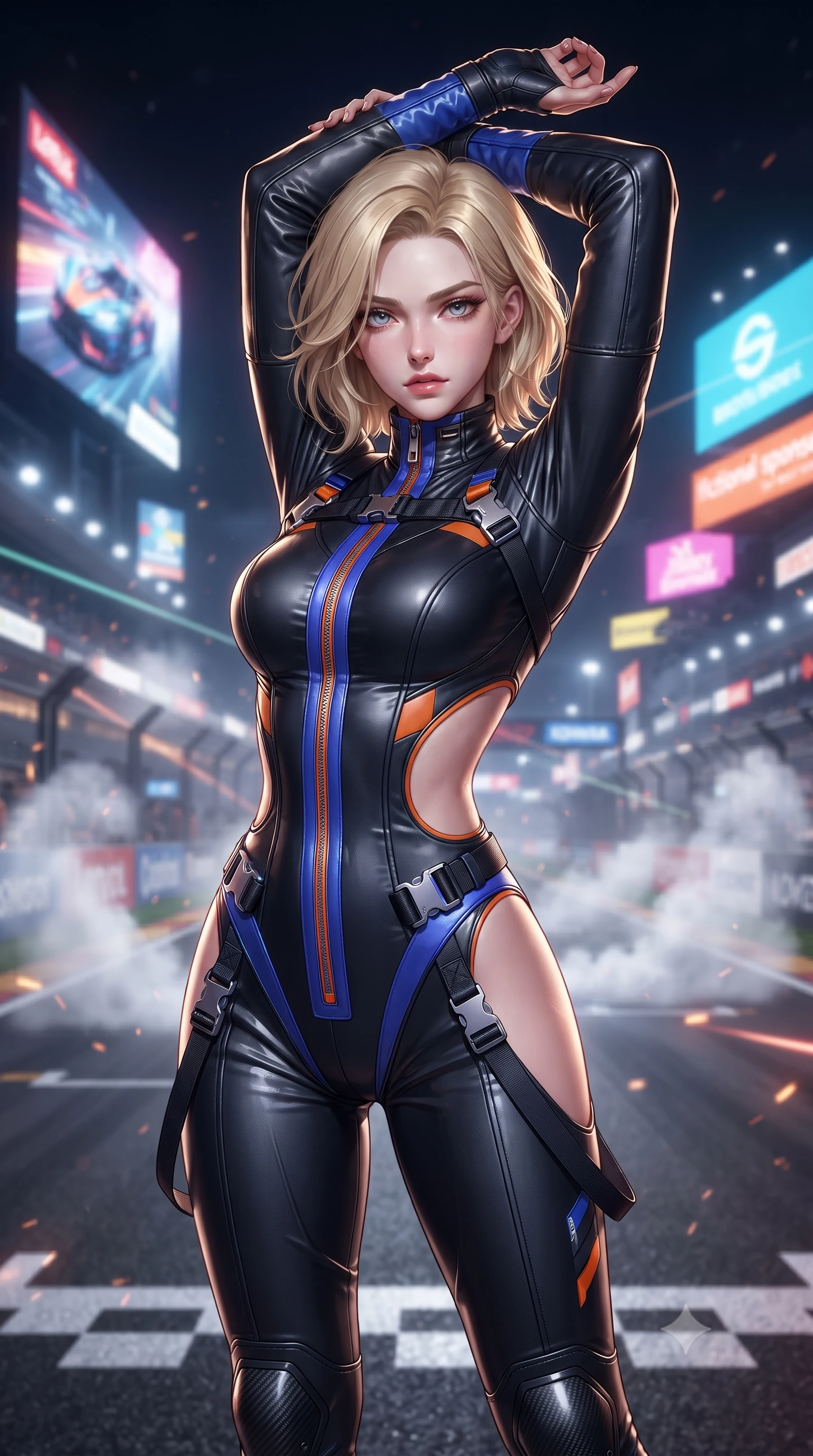 score_9, masterpiece, best quality, ultra-detailed, high-budget anime keyframe, editorial fashion photography, tasteful artistic composition, Caucasian woman. close-up cowboy shot from the waist and thighs up, the character dominates the composition, filling the frame with her large presence. arching her back languidly with arms stretching overhead, highlighting her narrow waist and feminine silhouette in pure supermodel elegance while posing boldly at the center of the illuminated starting grid as giant holographic jumbotrons flash behind her. The composition keeps background elements in soft focus with creamy bokeh. swirling smoke rings and burning rubber particulate catching laser beam motes across the circuit. She has an exceptionally elegant, slender, and willowy female figure with an ultra-slim waist, a gracefully sculpted slender torso, toned flat midriff, and a refined slim silhouette. sharp v-shaped jawline, high-bridge nose, intricate jewel-like eyes with depth, thick eyelashes, glossy parted lips with a natural sheen, intensely captivating and seductive expression, flawlessly proportioned anatomical accuracy, strict slender model proportions, natural body alignment, perfectly sculpted long slender limbs, ultra-slim waistline, clean dynamic posture without body distortion. wearing a high-collar leather speedsuit featuring bold side-torso cutouts and quick-release titanium buckles in electric cobalt blue and high-contrast orange, made of durable ripstop technical nylon with metallic zipper teeth, accented with hanging industrial clip straps and carbon fiber knee sliders, the sleek tactical cut tightly hugging her graceful clavicle, narrow waist, and athletic curves with statuesque precision. illuminated by crisp directional rim lighting sharply defining her razor-sharp jawline and feminine curves. ultra-reflective glossy finish, specular highlights, rich textural contrasts, high-contrast stereoscopic depth, volumetric dynamic lighting, 2k, ultra detail, master piece, 9:16 ratio