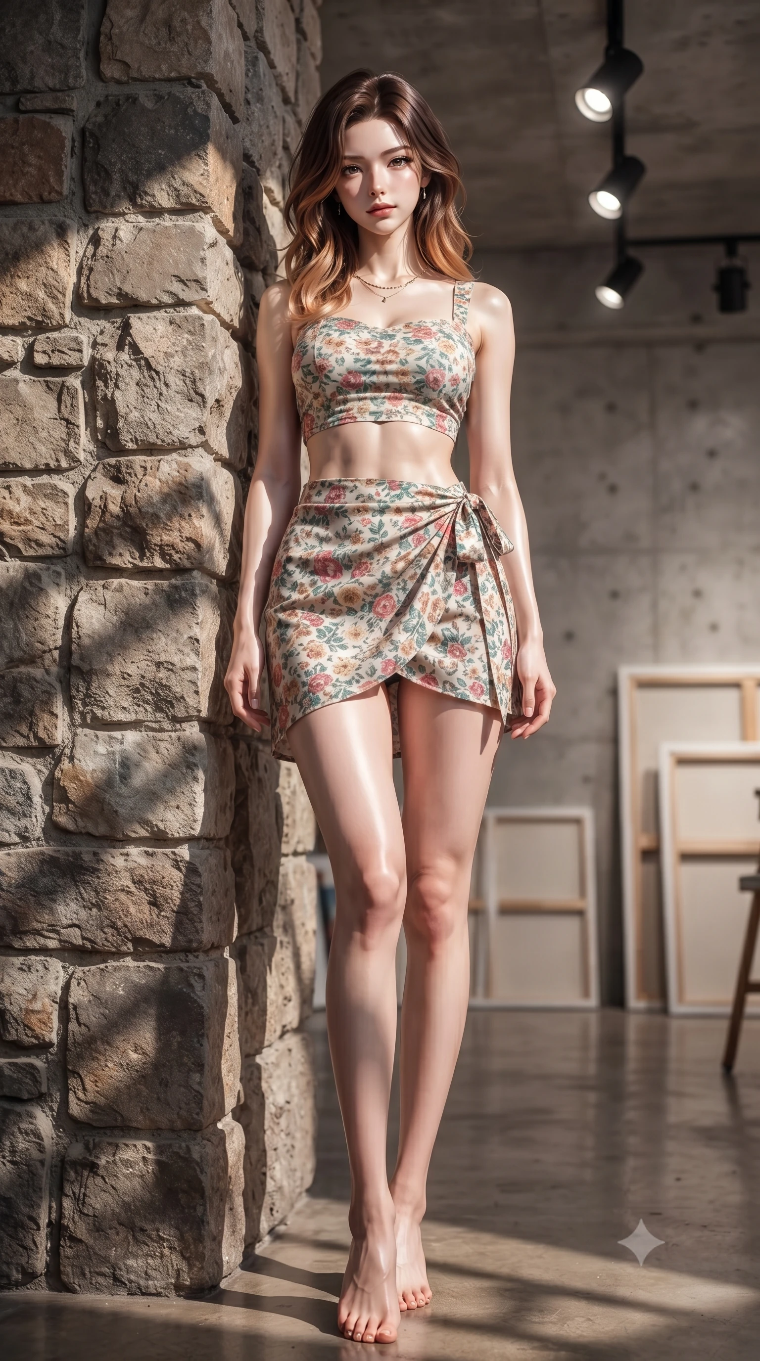 score_9, masterpiece, best quality, ultra-detailed, high-budget anime keyframe, editorial fashion photography, tasteful artistic composition, Korean woman woman. low angle full-body shot from head to toe showing her feet, filling the entire 9:16 vertical frame with her statuesque presence, stretching her vertical silhouette. leaning back against a rustic stone wall, casting a slow, alluring gaze at the camera the background shows a soft-focus an art studio gallery with concrete walls, canvases, and spot lighting. She has an absolutely perfect, statuesque 8.5-heads proportion, an exceptionally tall and slender model-like female figure with impossibly long slender legs and an ultra-slim waist. sharp v-shaped jawline, high-bridge nose, intricate jewel-like eyes with depth, thick eyelashes, glossy lips with a natural sheen. wearing a form-contouring summer vacation crop top and wrap skirt set in floral print cotton, showing her slim waist. focused spotlights casting sharp, detailed shadows across her figure. ultra-reflective glossy finish, specular highlights, metallic sheen, high-contrast stereoscopic depth, volumetric dynamic lighting, 2k, ultra detail, master piece, 9:16 ratio