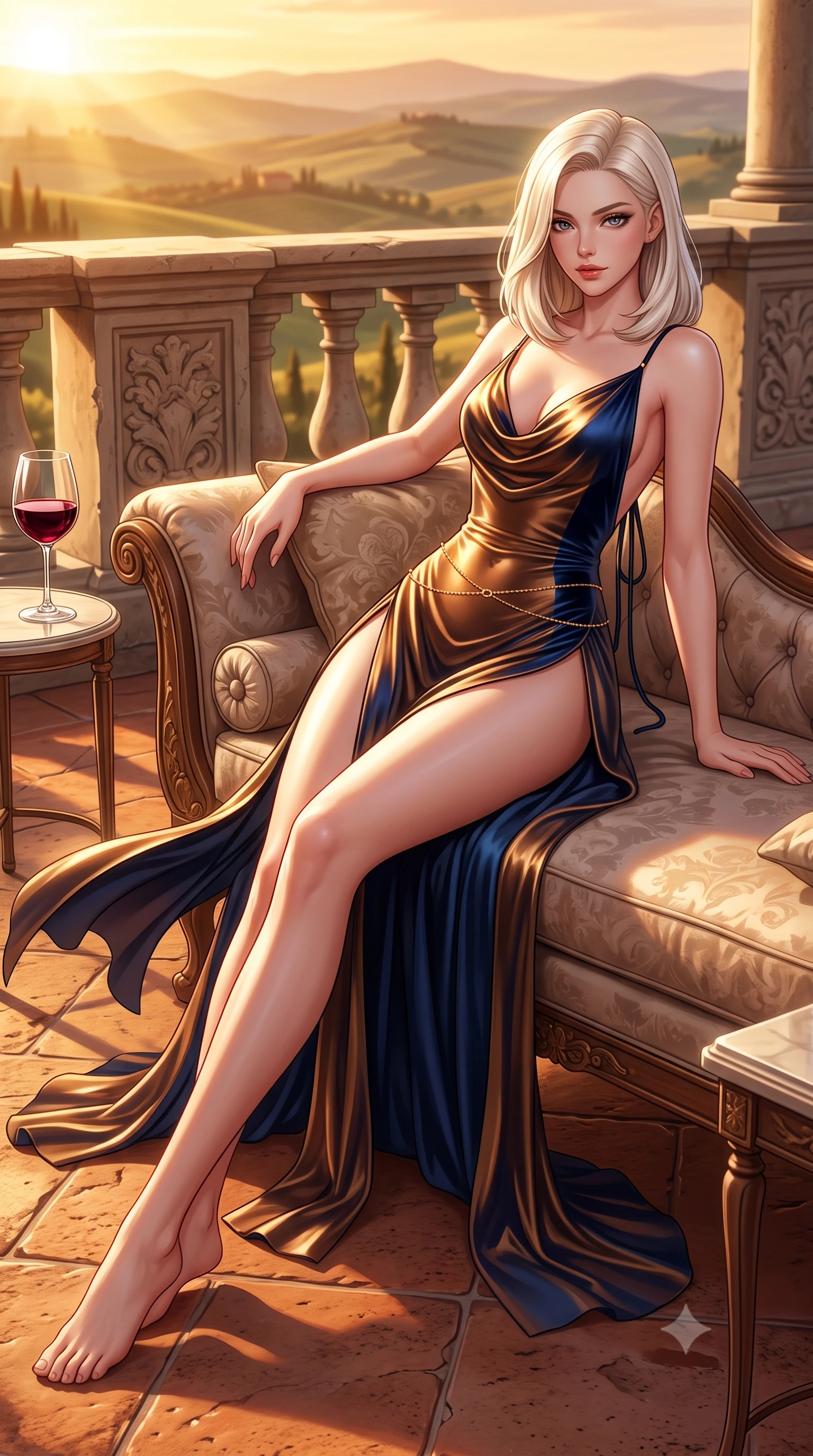 score_9, masterpiece, best quality, ultra-detailed, high-budget anime keyframe, semi-realistic 3D game render, editorial fashion photography, tasteful artistic composition, Caucasian woman. low angle full-body shot from head to toe showing her feet, filling the entire 9:16 vertical frame with her statuesque presence, stretching her vertical silhouette. reclining gracefully across the plush chaise lounge with one leg extended, her sculpted silhouette and flat midriff radiating magnetic nocturnal glamour while twisting her slender torso in an alluring contrapposto stance, warm Tuscan breeze fluttering her gown around her long slender legs and curvy hips. The surrounding environment is rendered in vivid detail and crisp panoramic clarity: sharp weathered terracotta floor tile texture, carved stone balustrade reliefs, and glistening wine in crystal glass in deep focus. She has an absolutely perfect, statuesque 8.5-heads proportion, an exceptionally tall and slender model-like female figure with impossibly long slender legs, an ultra-slim waist, a flat toned midriff, narrow delicate ribcage, and beautifully sculpted feminine hips creating a graceful, slim hourglass silhouette without any bulky heaviness. sharp v-shaped jawline, high-bridge nose, sparkling eyes with hypnotic seductive depth, thick curled eyelashes, glossy parted lips with a natural dewy peach sheen, alluring bedroom-eyes with an enchanting coquettish smile, exuding magnetic siren charisma and sophisticated glamour, flawlessly proportioned anatomical accuracy, strict slender model proportions, natural body alignment, perfectly sculpted long slender limbs, ultra-slim waistline, clean dynamic posture without body distortion. wearing a plunging cowl-neck liquid cashmere-silk slip gown with daring hip-high double slits and delicate back ties in molten liquid bronze and deep sapphire navy, tailored from ultra-plush velvet with rich tactile depth and deep shadow gradients, accented with a dainty gold belly chain resting across her flat midriff and curving hips, the liquid-tight tailored fabric clinging flawlessly to her narrow waist and rounded feminine hips, emphasizing every millimeter of her sculpted slim hourglass curves without any bulky heaviness. bathed in the deep, rich golden hour sunlight streaming horizontally across the Tuscan rolling hills. highly saturated vibrant anime colors, detailed shading with soft gradients, rich glossy textures, high-contrast stereoscopic depth, volumetric dynamic lighting, master piece, 9:16 ratio