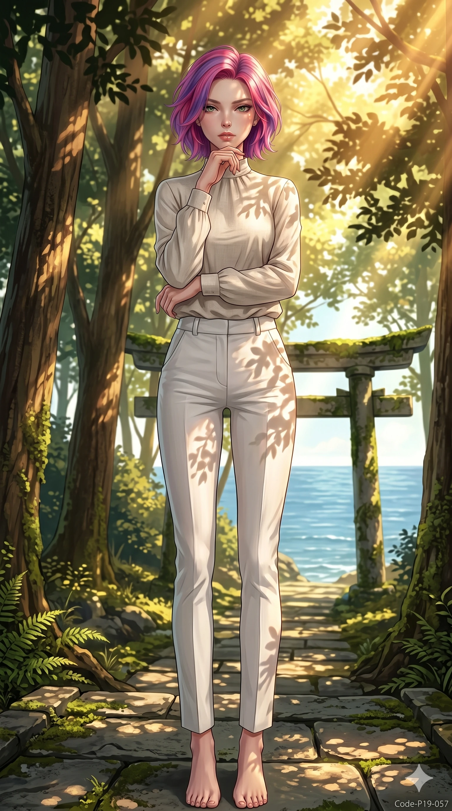 score_9, masterpiece, best quality, ultra-detailed, high-budget anime keyframe, editorial fashion photography, tasteful artistic composition, Caucasian woman, strictly human ears. low angle full-body shot from head to toe showing her feet, filling the entire 9:16 vertical frame with her statuesque presence, stretching her vertical silhouette. resting her chin on the backs of her fingers, casting a heavy-lidded sultry gaze in a sacred coastal forest with bright sunlight filtering through leaves (Code-P19-057). She has an absolutely perfect 8-heads proportion, an exceptionally tall and slender female figure with impossibly long slender legs and an ultra-slim waist. V-shaped jawline, high-bridge nose, intricate jewel-like eyes with depth, thick eyelashes, glossy lips with a natural sheen. wearing a high-neck linen blouse with long sleeves tucked into white cotton trousers. bathed in warm, golden afternoon sunbeams, casting soft organic leaf shadows on her skin. 2k, ultra detail, master piece, 9:16 ratio