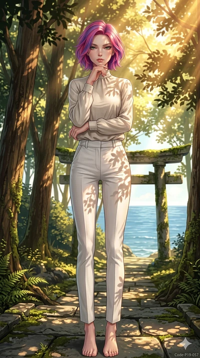 score_9, masterpiece, best quality, ultra-detailed, high-budget anime keyframe, editorial fashion photography, tasteful artistic composition, Caucasian woman, strictly human ears. low angle full-body shot from head to toe showing her feet, filling th