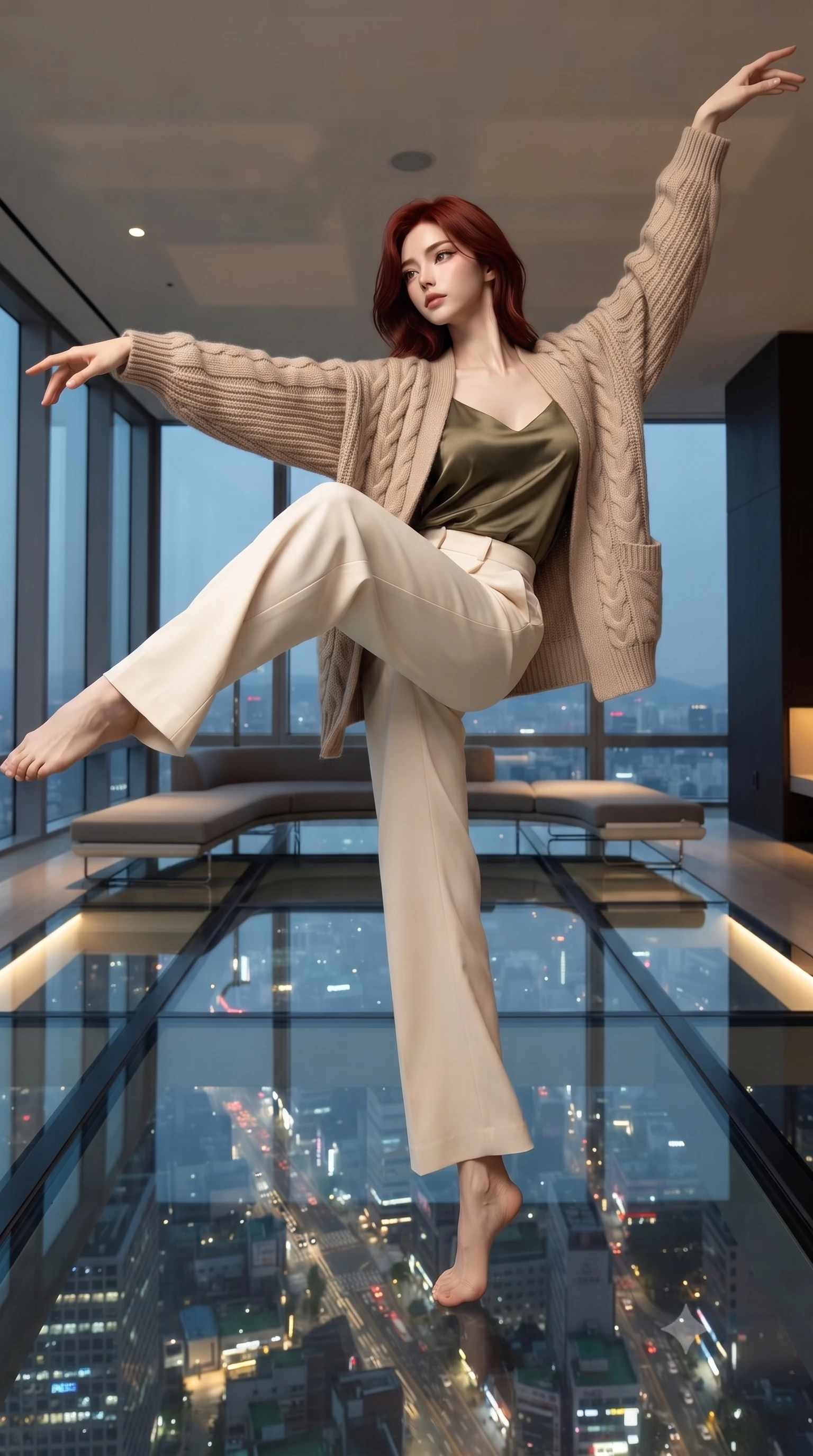 score_9, masterpiece, best quality, ultra-detailed, high-budget anime keyframe, editorial fashion photography, tasteful artistic composition, Korean woman. low angle full-body shot from head to toe showing her feet, filling the entire 9:16 vertical frame with her statuesque presence, stretching her vertical silhouette. dancing with weightless grace through a luxury lounge with transparent glass floors one hundred stories up revealing the city far below like a living circuit board of twinkling lights with sleek modern furniture floating above the void. She has a statuesque 8.5-heads proportion, an exceptionally tall, slender and willowy model-like build with impossibly long legs and a highly sculpted ultra-slim waist. sharp v-shaped jawline, high-bridge nose, intricate jewel-like eyes with depth, thick eyelashes, glossy lips with a natural sheen. wearing a cozy beige cable-knit cardigan over an olive green silk slip top and cream-colored wide-leg pants. soft glowing ambient light with sharp side key light tracing the sleek contours of her figure. 2k, ultra detail, master piece, 9:16 ratio