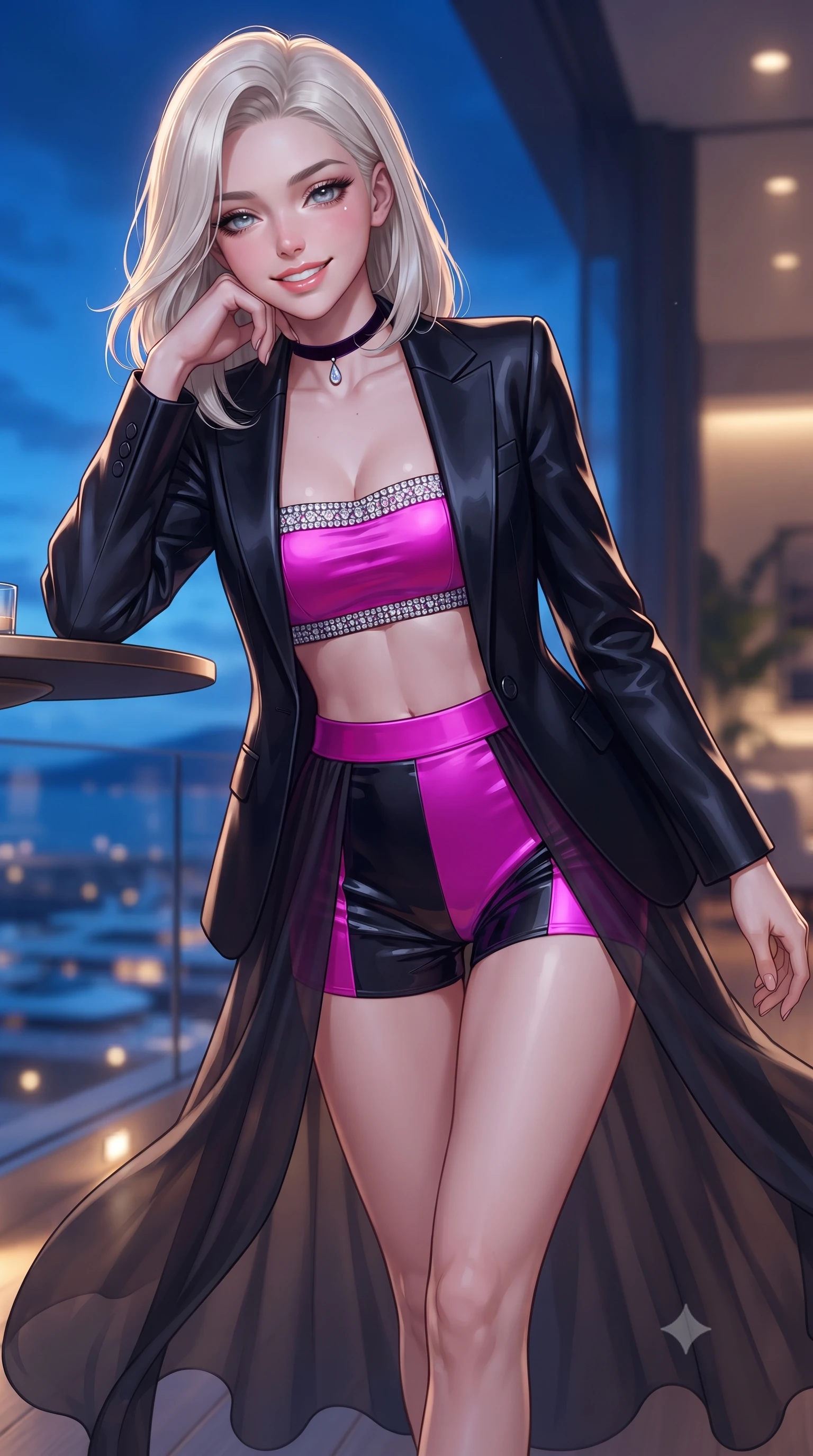 score_9, masterpiece, best quality, ultra-detailed, high-budget anime keyframe, editorial fashion photography, tasteful artistic composition, Caucasian woman. close-up cowboy shot from the waist and thighs up, the character dominates the composition, filling the frame with her large presence. resting one elbow on the table and supporting her chin, leaning close to the camera with heavy-lidded sparkling eyes and parted lips while walking along the cantilevered penthouse terrace with confident model strides, her high-slit gown billowing around her long slender legs. The background shows a soft-focus interior penthouse ambient glows softened in ultra-exclusive tax-haven luxury shallow focus. She has an exceptionally elegant, slender, and willowy female figure with an ultra-slim waist, flat toned midriff, narrow ribcage, and sculpted feminine hips creating an alluring, slim hourglass silhouette without bulk. sharp v-shaped jawline, high-bridge nose, intricate jewel-like sparkling eyes with depth, thick eyelashes, glossy parted lips with a natural peach sheen, bright cheerful beaming smile with an enchanting and coquettish sensual glint, exuding both youthful cute charm and seductive allure, flawlessly proportioned anatomical accuracy, strict slender model proportions, natural body alignment, perfectly sculpted long slender limbs, ultra-slim waistline, clean dynamic posture without body distortion. wearing a modern tailored open-front smoking jacket blazer worn over a jeweled bandeau crop top and high-waisted tailored micro-shorts in Tokyo neon cyber magenta and glossy obsidian black, made of fluid liquid jersey with seamless sculpting hold and smooth contours, finished with a thin velvet ribbon choker and a single teardrop diamond pendant, the second-skin tailored fabric adhering flawlessly to her sculpted flat midriff and slender torso, emphasizing her long leg lines and perfectly proportioned willowy build. bathed in the dynamic blue-hour sky ambient contrasted with golden harbor lights and yacht deck illumination. ultra-reflective glossy finish, specular highlights, rich textural contrasts, high-contrast stereoscopic depth, volumetric dynamic lighting, 2k, ultra detail, master piece, 9:16 ratio