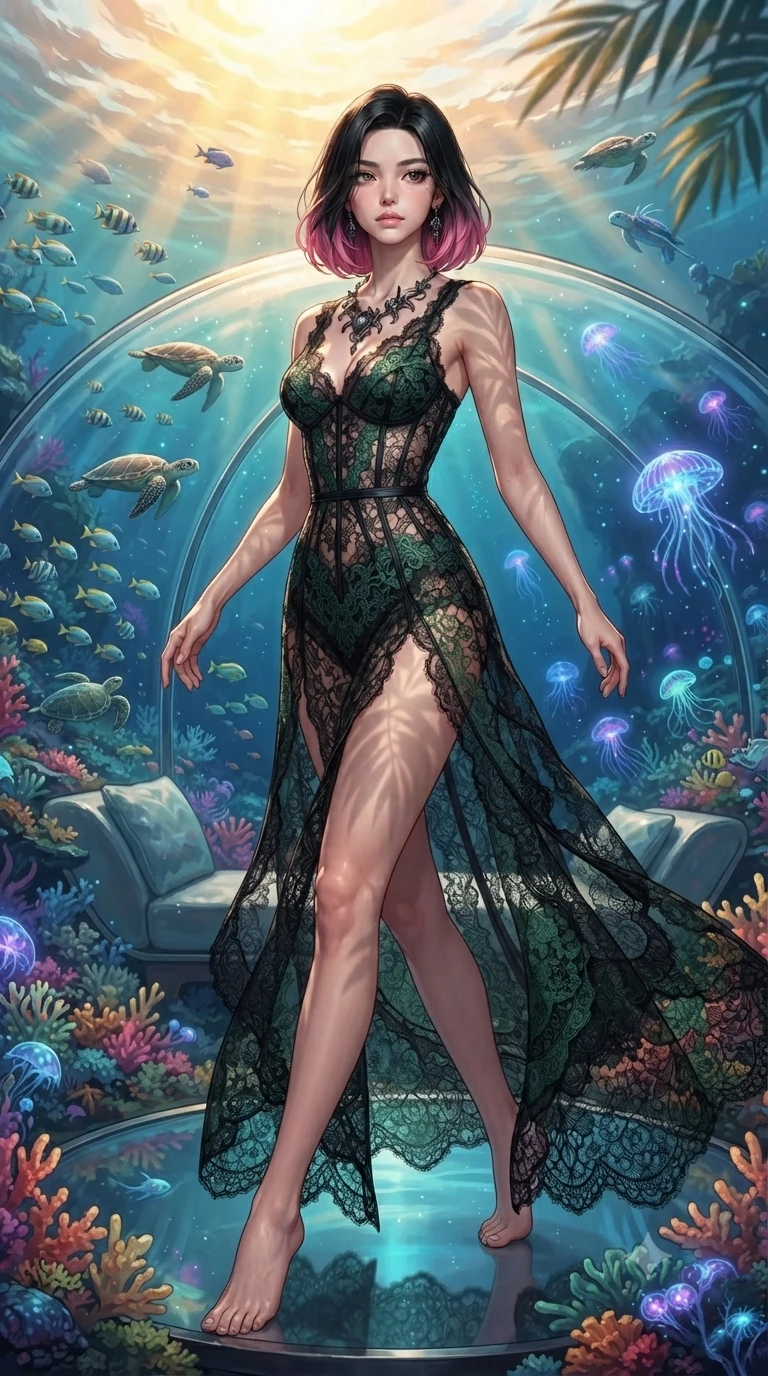 score_9, masterpiece, best quality, ultra-detailed, high-budget anime keyframe, editorial fashion photography, tasteful artistic composition, Korean woman. low angle full-body shot from head to toe showing her feet, filling the entire 9:16 vertical frame with her statuesque presence, stretching her vertical silhouette. navigating with fluid motion through inside a transparent dome lounge resting on the ocean floor with colorful coral reef gardens surrounding it tropical fish and sea turtles gliding past the curved glass walls and bioluminescent creatures pulsing in the deep. She has a statuesque 8.5-heads proportion, an exceptionally tall, slender and willowy model-like build with impossibly long legs and a highly sculpted ultra-slim waist. sharp v-shaped jawline, high-bridge nose, intricate jewel-like eyes with depth, thick eyelashes, glossy lips with a natural sheen. wearing a deconstructed lace gown in black, detailed with forest green lace panels and corset structure. warm golden afternoon sunbeams casting soft organic leaf shadows across her skin. 2k, ultra detail, master piece, 9:16 ratio