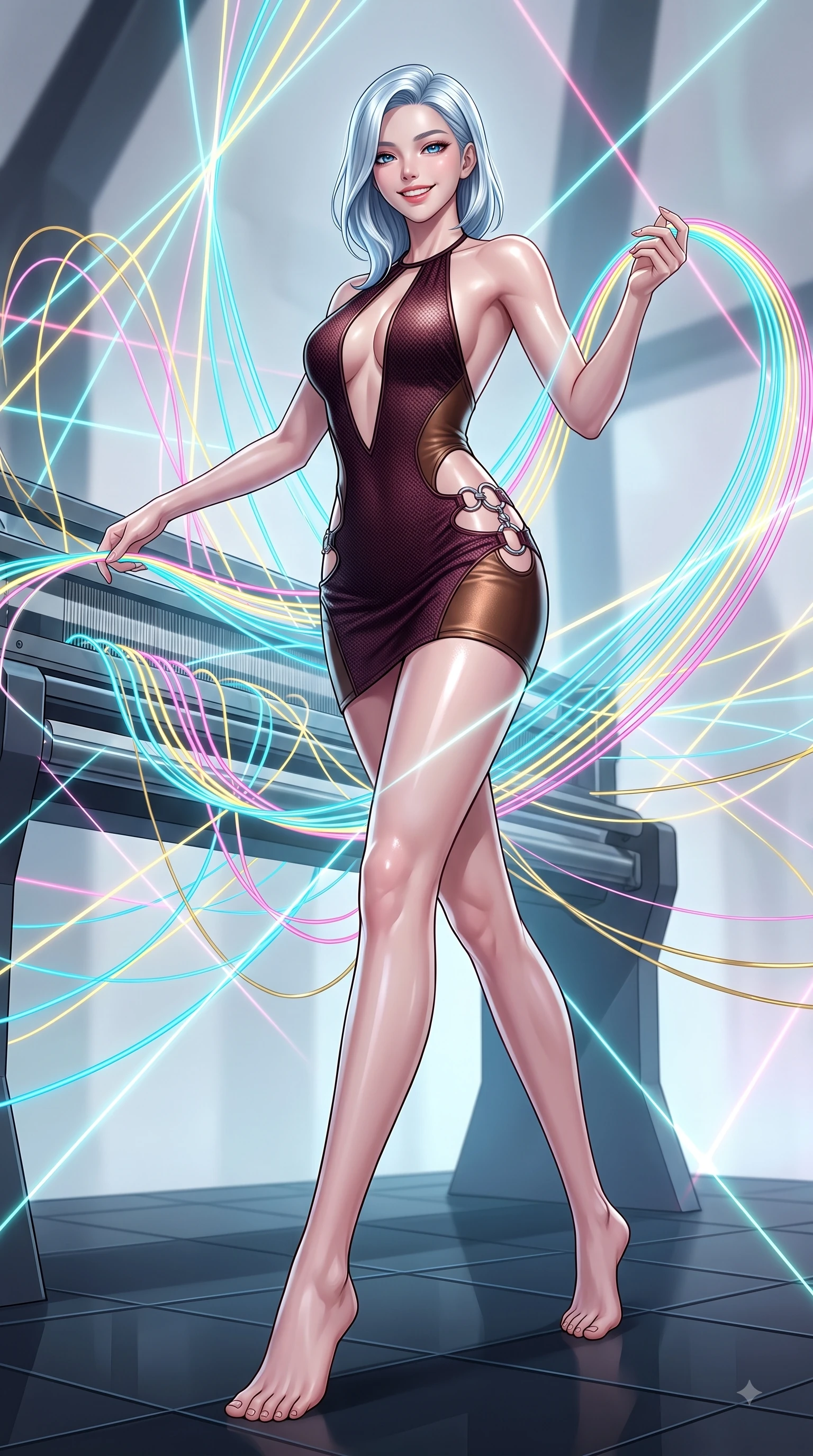 score_9, masterpiece, best quality, ultra-detailed, high-budget anime keyframe, editorial fashion photography, tasteful artistic composition, Korean woman. low angle full-body shot from head to toe showing her feet, filling the entire 9:16 vertical frame with her statuesque presence, stretching her vertical silhouette. forging dynamically through the scene with a happy infectious smile, her ultra-slim waist creating a sweeping curve while weaving fluorescent rainbow fiber optic ribbons on a 3D light loom with a playful smile, fluorescent cyan, yellow, pink, and gold light threads crossing in 3D space. She has an absolutely perfect, statuesque 8.5-heads proportion, an exceptionally tall and slender model-like female figure with impossibly long slender legs and an ultra-slim waist. sharp v-shaped jawline, high-bridge nose, intricate jewel-like eyes with depth, thick eyelashes, glossy lips with a natural sheen, flawlessly proportioned anatomical accuracy, natural body alignment, perfectly sculpted elegant limbs, clean dynamic posture without body distortion. wearing a deep-scoop halter bodycon dress with hip cutouts connected by silver rings in deep burgundy and bronze, made of fine carbon-fiber weave and soft matte leather, accented with a Tasteful chest slit framing her clavicle gracefully, the elegant draped fit framing her graceful clavicle and slender torso. bathed in sharp geometric laser grid highlights and soft airy ambient fill. ultra-reflective glossy finish, specular highlights, metallic sheen, high-contrast stereoscopic depth, volumetric dynamic lighting, 2k, ultra detail, master piece, 9:16 ratio
