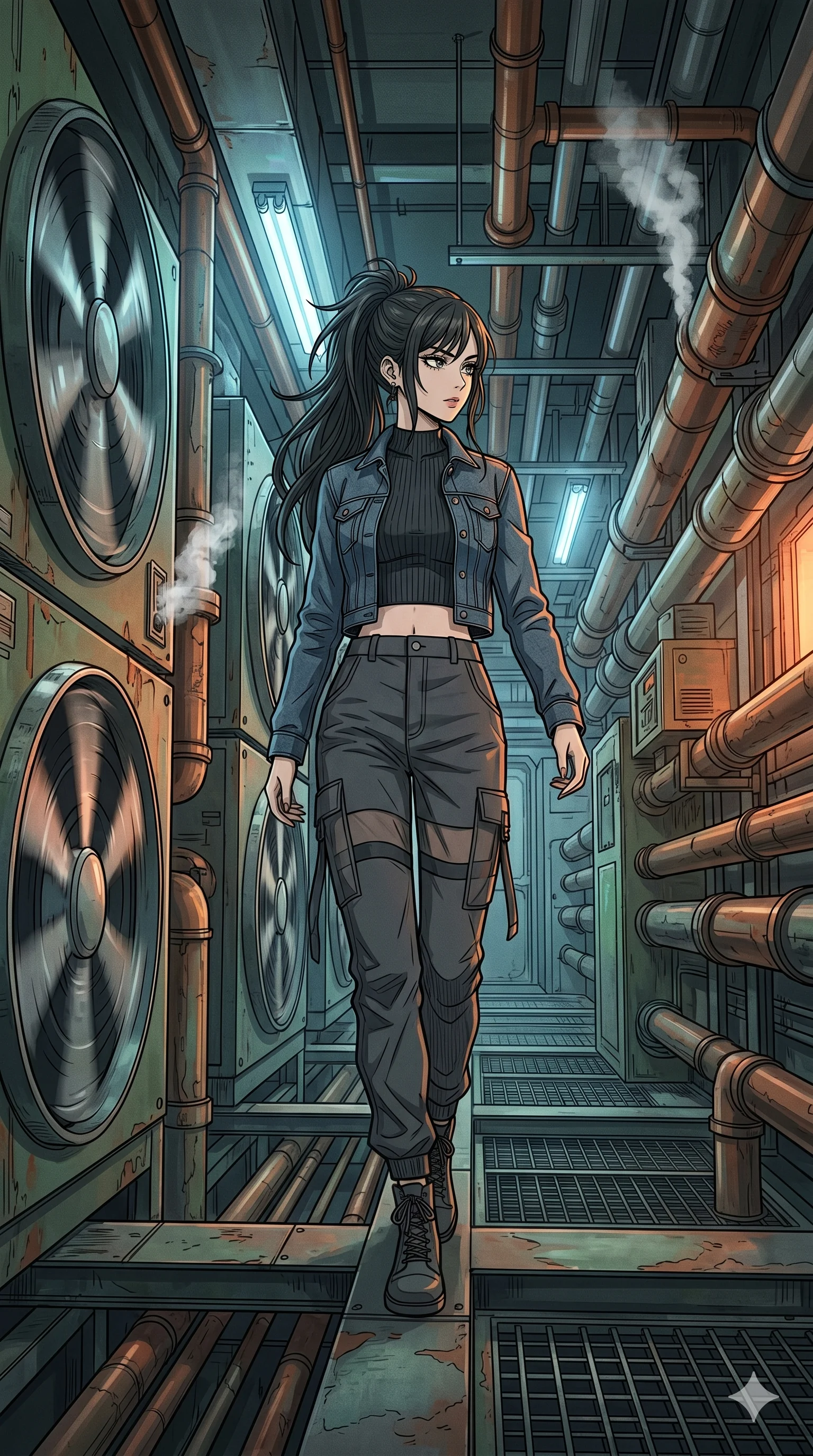score_9, masterpiece, best quality, ultra-detailed, high-budget anime movie keyframe, cinematic anime lighting, intricate line art, Japanese anime girl. Dynamic full-body shot stretching the vertical silhouette with extreme perspective. navigating a corridor of spinning fans and steam pipes. She has an absolutely perfect 8-heads proportion, an exceptionally tall and slender female figure with an ultra-slim waist and impossibly long slender legs. strictly human anatomy, two legs only, no extra limbs, clearly defined legs and arms, perfect anatomy, perfect hands and fingers. sharp v-shaped jawline, high-bridge nose, intricate jewel-like eyes, thick eyelashes, glossy lips. Wearing Urban Trendsetter: Ribbed bodycon dress, crop top with high-waist denim, and sheer corset with cargo pants. The scene is illuminated by dramatic atmospheric lighting and vibrant color palettes. , 2k, ultra detail, master piece, 9:16 ratio