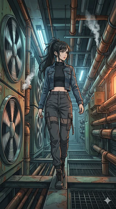 score_9, masterpiece, best quality, ultra-detailed, high-budget anime movie keyframe, cinematic anime lighting, intricate line art, Japanese anime girl. Dynamic full-body shot stretching the vertical silhouette with extreme perspective. navigating a 