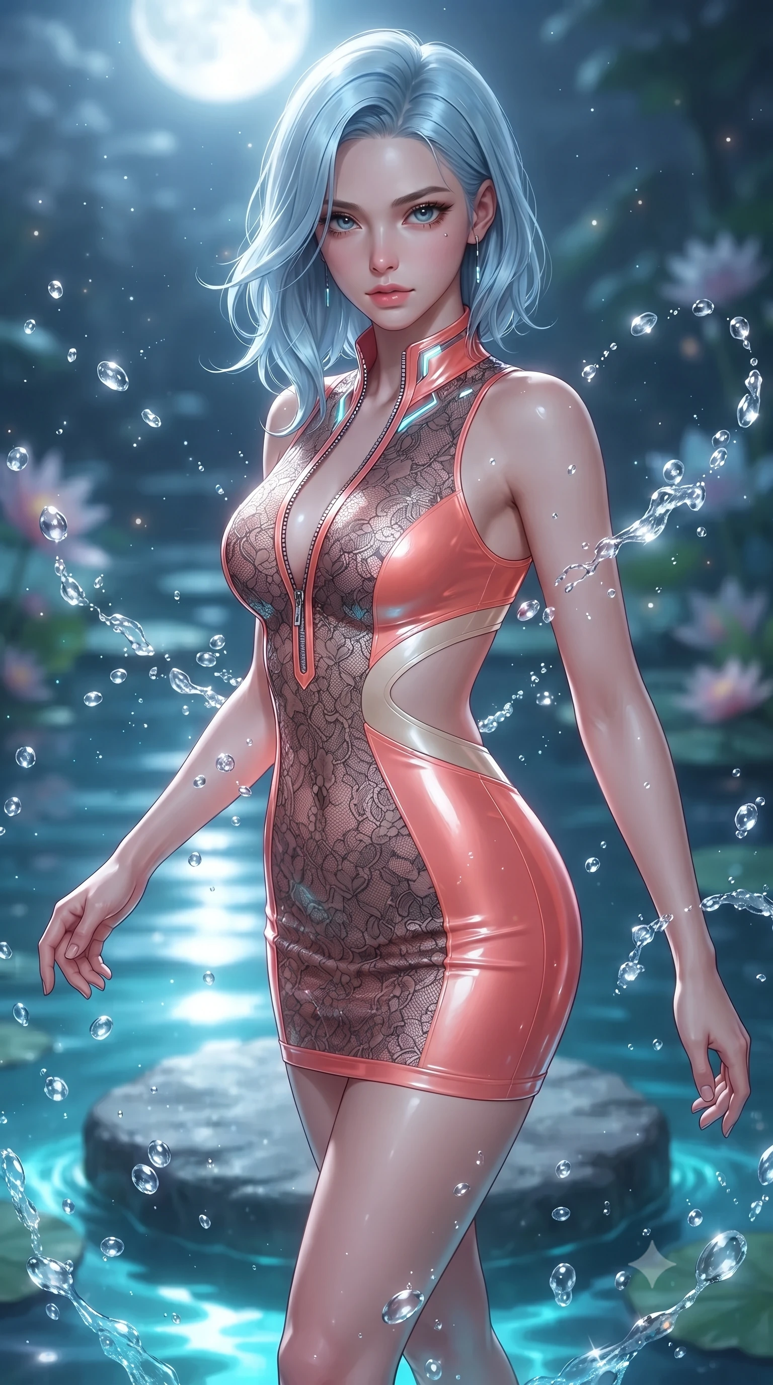 score_9, masterpiece, best quality, ultra-detailed, high-budget anime keyframe, editorial fashion photography, tasteful artistic composition, Korean woman. close-up cowboy shot from the waist and thighs up, the character dominates the composition, filling the frame with her large presence. gazing directly into the lens with bedroom eyes and a breathtaking, dangerous allure that commands the entire composition while pivoting dynamically on a submerged stepping stone as water droplets sparkle like pearls in mid-air. The composition keeps background elements in soft focus with creamy bokeh. sparkling moonlit water droplets scattering gentle starlight motes across a serene backdrop. She has an exceptionally elegant, slender, and willowy female figure with an ultra-slim waist, a gracefully sculpted slender torso, toned flat midriff, and a refined slim silhouette. sharp v-shaped jawline, high-bridge nose, intricate jewel-like eyes with depth, thick eyelashes, glossy lips with a natural sheen, flawlessly proportioned anatomical accuracy, strict slender model proportions, natural body alignment, perfectly sculpted long slender limbs, ultra-slim waistline, clean dynamic posture without body distortion. wearing a second-skin fashion-latex mini dress with a clean architectural front, featuring an open-back design that wraps around the sides of her waist, showcasing her slender silhouette in radiant coral pink and champagne ivory, crafted from delicate dark lace interwoven with luminescent micro-fibers, featuring a dangerously unzipped neckline framed by glowing cybernetic accents, the precision-cut daring openings accentuating her delicate midriff, graceful bare collarbones, and ultra-slim feminine waistline. bathed in brilliant silver moonlight backlighting and glowing cyan water refractions. ultra-reflective glossy finish, specular highlights, metallic sheen, high-contrast stereoscopic depth, volumetric dynamic lighting, 2k, ultra detail, master piece, 9:16 ratio