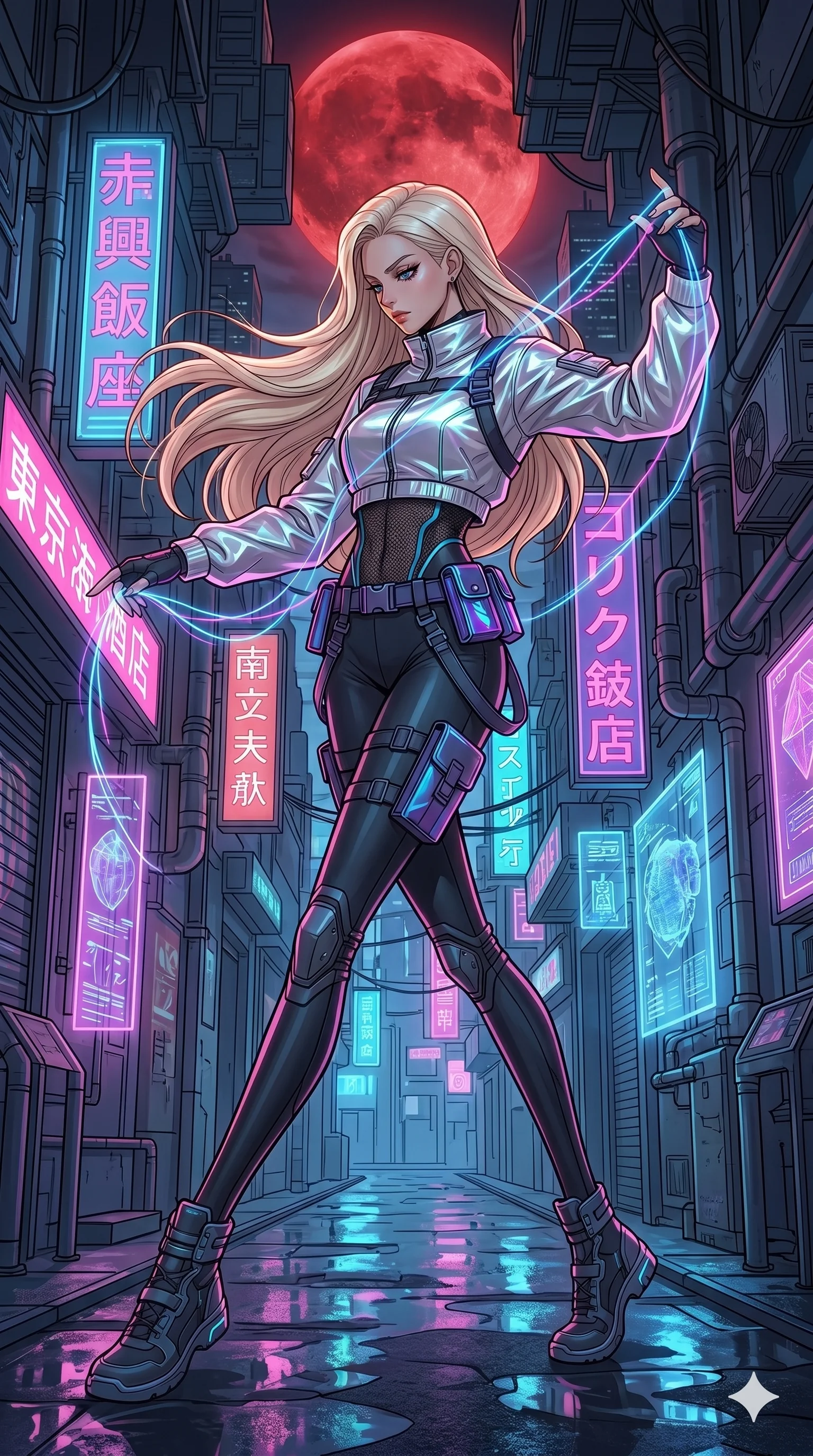 score_9, masterpiece, best quality, ultra-detailed, high-budget anime movie keyframe, cinematic anime lighting, intricate line art, Japanese woman. Dynamic full-body shot stretching the vertical silhouette across the 9:16 frame. weaving threads of light in a neon-lit cyberpunk alleyway under a blood moon. She has an absolutely perfect 8-heads proportion, an exceptionally tall and slender female figure with an ultra-slim waist and impossibly long slender legs. sharp v-shaped jawline, high-bridge nose, intricate jewel-like eyes, thick eyelashes, glossy lips. Wearing modern urban tech-wear ensemble with a cropped reflective bomber jacket, ultra-slim high-waisted cargo leggings, and tactical harness with neon-lit pouches. The scene is illuminated by dramatic atmospheric lighting and vibrant color palettes. , 2k, ultra detail, master piece, 9:16 ratio