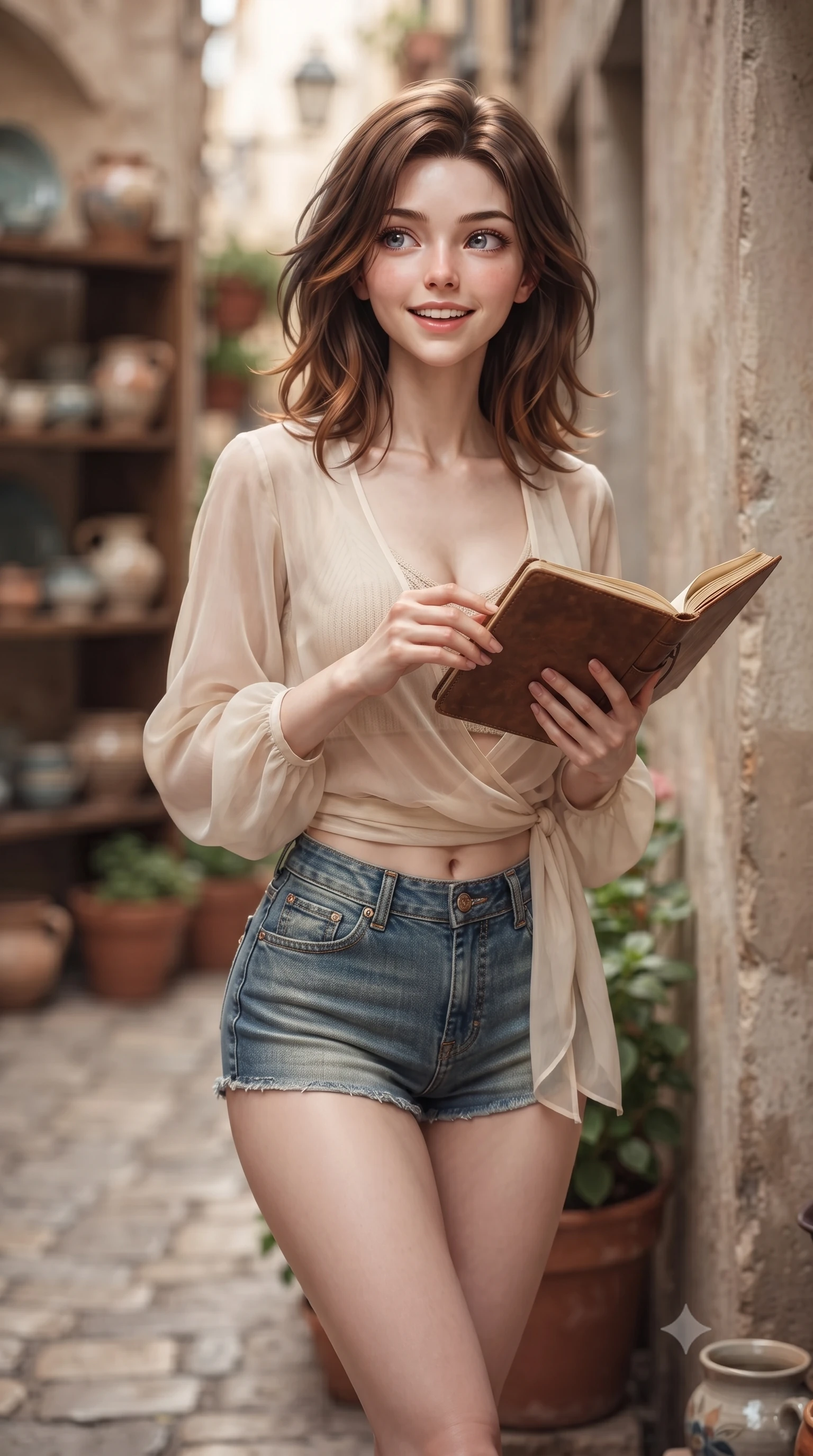 score_9, masterpiece, best quality, ultra-detailed, high-budget anime keyframe, editorial fashion photography, tasteful artistic composition, Korean woman. close-up cowboy shot from the waist and thighs up, the character dominates the composition, filling the frame with her large presence, background elements kept in soft focus. gazing past the camera with a happy, bright expression and a warm smile set against a soft-focus background of in a narrow cobblestone alley next to a cozy handmade pottery shop holding a classic leather notebook bought from the stationery shop. She has an exceptionally elegant, slender, and willowy female figure with an ultra-slim waist, a gracefully sculpted slender torso, and a refined silhouette. sharp v-shaped jawline, high-bridge nose, intricate jewel-like eyes with depth, thick eyelashes, glossy lips with a natural sheen. wearing body-hugging sheer chiffon wrap top in cream, worn over a slim-fit knit bralette and low-cut shorts. soft diffused daylight creating a warm, cozy and nostalgic atmosphere. ultra-reflective glossy finish, specular highlights, metallic sheen, high-contrast stereoscopic depth, volumetric dynamic lighting, 2k, ultra detail, master piece, 9:16 ratio