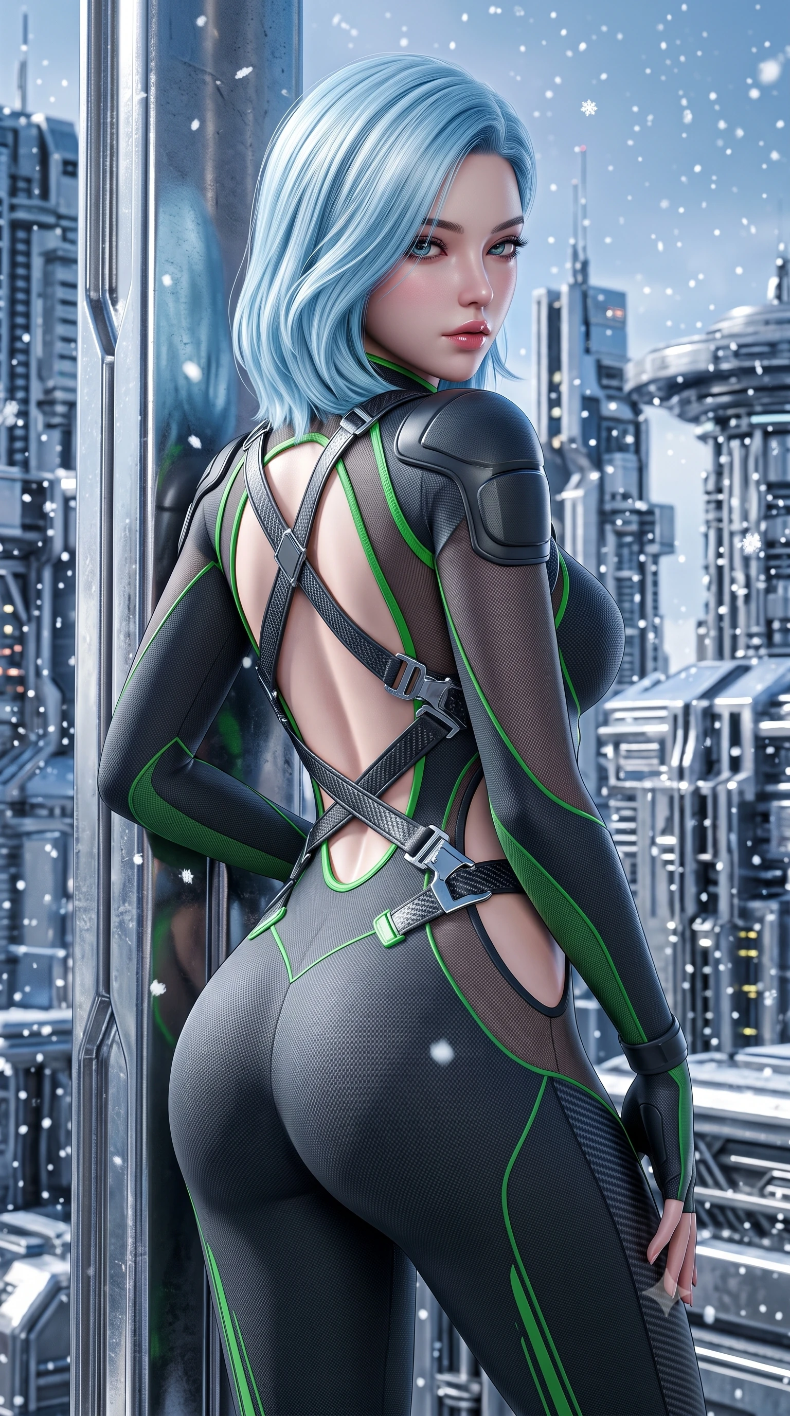score_9, masterpiece, best quality, ultra-detailed, high-budget anime keyframe, semi-realistic 3D game render, editorial fashion photography, tasteful artistic composition, Korean woman. close-up cowboy shot from the waist and thighs up, the character dominates the composition, filling the frame with her large presence. leaning back with relaxed seductive grace, her sculpted collarbones and narrow waist highlighted as she casts smoldering bedroom-eyes directly into the camera while leaning back against a colossal chrome runestone pillar with hips cocked in an unapologetically bold high-fashion contrapposto stance. The surrounding environment is rendered in vivid detail and crisp panoramic clarity. detailed carbon-fiber weave patterns, metallic wing harness joints, and falling snowflakes in high resolution. She has an exceptionally elegant, slender, and willowy female figure with an ultra-slim waist, a gracefully sculpted slender torso, toned flat midriff, and rounded feminine hips creating an alluring hourglass silhouette. sharp v-shaped jawline, high-bridge nose, intricate jewel-like eyes with depth, thick eyelashes, glossy parted lips with a natural sheen, intensely captivating and seductive bedroom-eyes expression, flawlessly proportioned anatomical accuracy, strict slender model proportions, natural body alignment, perfectly sculpted long slender limbs, ultra-slim waistline, clean dynamic posture without body distortion. wearing a form-contouring high-tech valkyrie jumpsuit featuring sheer contouring mesh panels and reinforced shoulders in dark carbon grey and laser green accents, made of compression knit fabric sculpting her athletic hourglass lines, accented with criss-cross back tactical harness straps framing her bare spine, the precision-cut side openings and low-back scoop framing her graceful spine and the sensual sweep of her hips. illuminated by crisp metallic specular reflections sharply defining her sculpted waist, bare spine, and curvy hips. highly saturated vibrant anime colors, detailed shading with soft gradients, rich glossy textures, high-contrast stereoscopic depth, volumetric dynamic lighting, master piece, 9:16 ratio