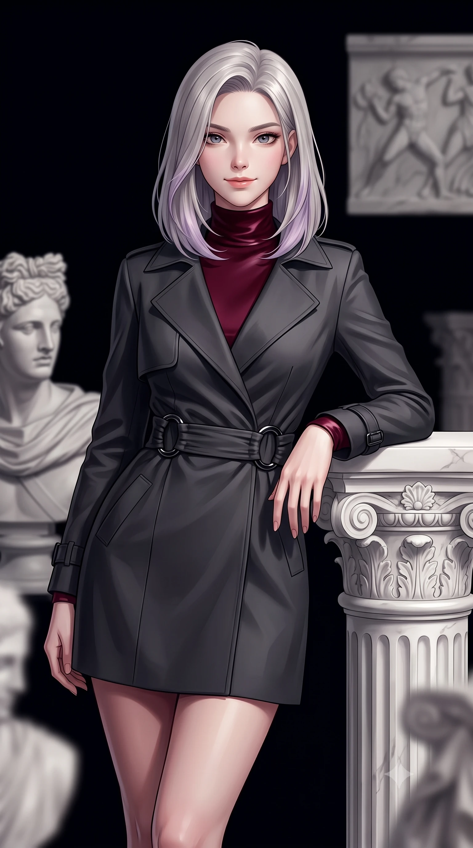 score_9, masterpiece, best quality, ultra-detailed, high-budget anime keyframe, editorial fashion photography, tasteful artistic composition, Caucasian woman. close-up cowboy shot from the waist and thighs up, the character dominates the composition, filling the frame with her large presence, background elements kept in soft focus. Smiling with quiet, magnetic self-assurance directly into the camera, resting against a white marble pedestal surrounded by classical art pieces, high-art editorial framing with timeless luxury appeal. She has an exceptionally elegant, slender, and willowy female figure with an ultra-slim waist, a gracefully sculpted slender torso, and a refined silhouette. sharp v-shaped jawline, high-bridge nose, intricate jewel-like eyes with depth, thick eyelashes, glossy lips with a natural sheen. wearing structured charcoal trench dress over sleek turtleneck in deep crimson burgundy, made of liquid dark mercury jersey, accented with sculpted obsidian chrome rings at the waist, the fitted fabric emphasizing her ultra-slim waist. surrounded by deep obsidian shadows swallowing background elements. highly saturated vibrant anime colors, detailed shading with soft gradients, rich glossy textures, high-contrast stereoscopic depth, volumetric dynamic lighting, master piece, 9:16 ratio
