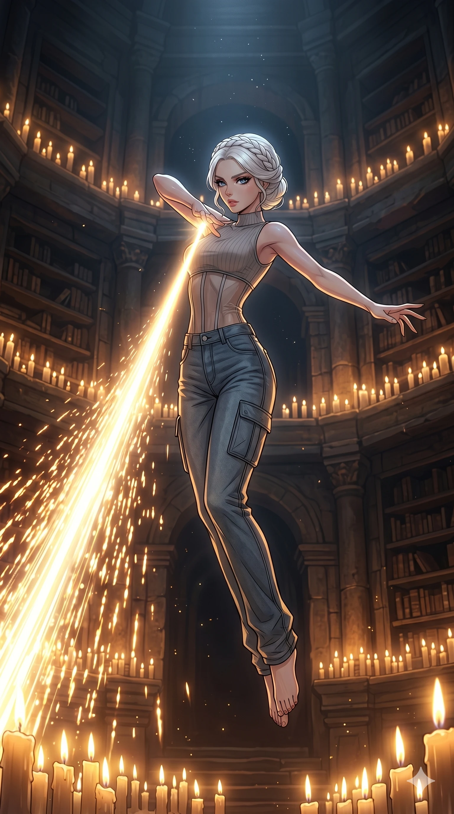 score_9, masterpiece, best quality, ultra-detailed, high-budget anime movie keyframe, cinematic anime lighting, intricate line art, Caucasian (strictly human ears) woman. Mid-air action shot capturing a graceful twist and vertical silhouette. manipulating the light of a thousand candles to form a laser. She has an absolutely perfect 8-heads proportion, an exceptionally tall and slender female figure with an ultra-slim waist and impossibly long slender legs. strictly human anatomy, two legs only, no extra limbs, clearly defined legs and arms, perfect anatomy, perfect hands and fingers. sharp v-shaped jawline, high-bridge nose, intricate jewel-like eyes, thick eyelashes, glossy lips. Wearing Urban Trendsetter: Ribbed bodycon dress, crop top with high-waist denim, and sheer corset with cargo pants. The scene is illuminated by dramatic atmospheric lighting and vibrant color palettes. , 2k, ultra detail, master piece, 9:16 ratio