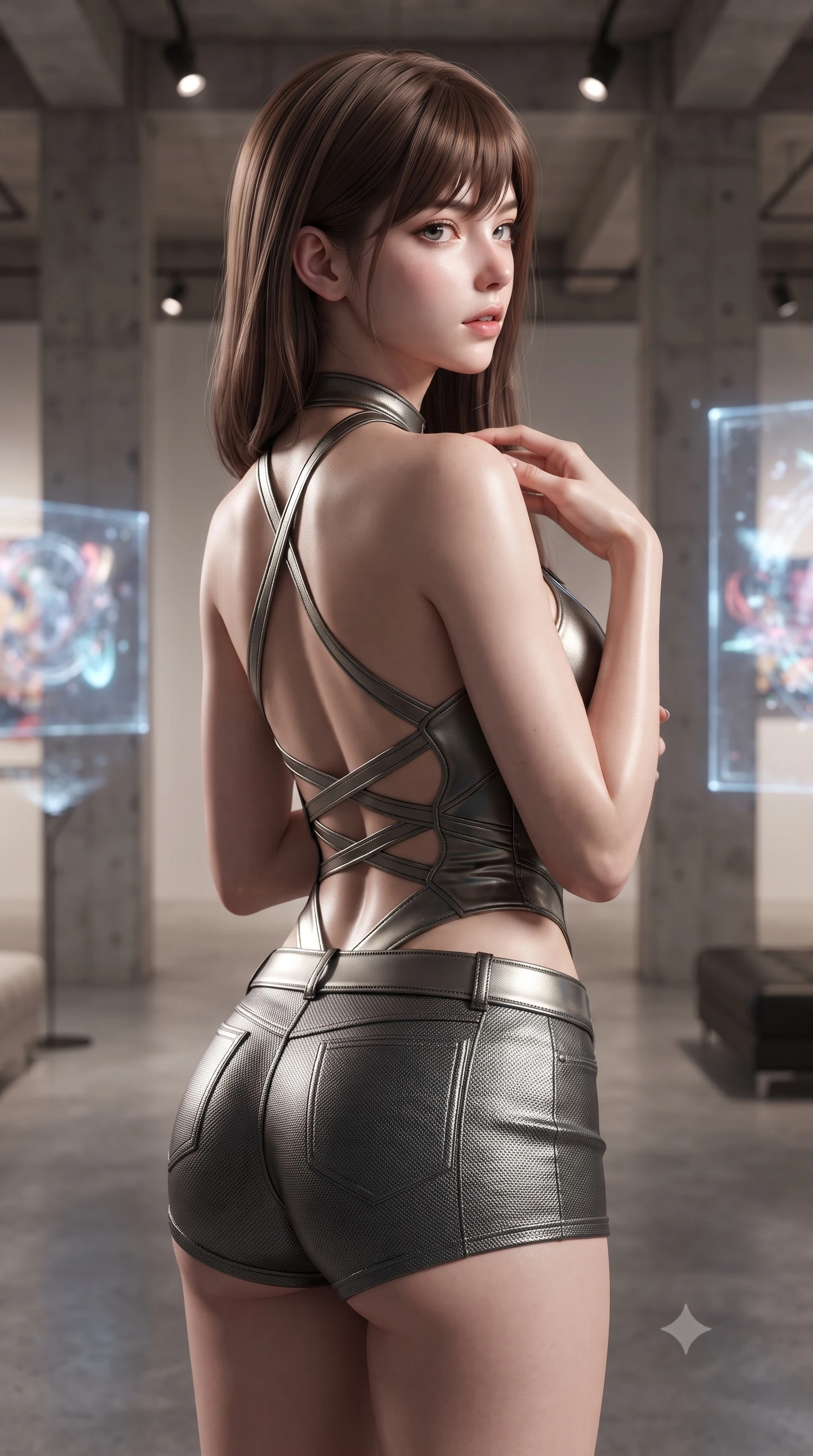 score_9, masterpiece, best quality, ultra-detailed, high-budget anime keyframe, editorial fashion photography, tasteful artistic composition, Korean woman. close-up cowboy shot from the waist and thighs up, the character dominates the composition, filling the frame with her large presence, background elements kept in soft focus. turning her face in profile to look over her shoulder, casting a smoldering side gaze with lips slightly parted, the background shows a soft-focus an art gallery lounge with concrete pillars and floating holographic art. She has an exceptionally elegant, slender, and willowy female figure with an ultra-slim waist, a gracefully sculpted slender torso, and a refined silhouette. sharp v-shaped jawline, high-bridge nose, intricate jewel-like eyes with depth, thick eyelashes, glossy lips with a natural sheen. wearing a body-hugging backless halter-neck combat top with criss-cross strapping, paired with carbon-alloy micro-shorts. focused spotlights casting sharp, detailed highlights on her clothing. ultra-reflective glossy finish, specular highlights, metallic sheen, high-contrast stereoscopic depth, volumetric dynamic lighting, 2k, ultra detail, master piece, 9:16 ratio