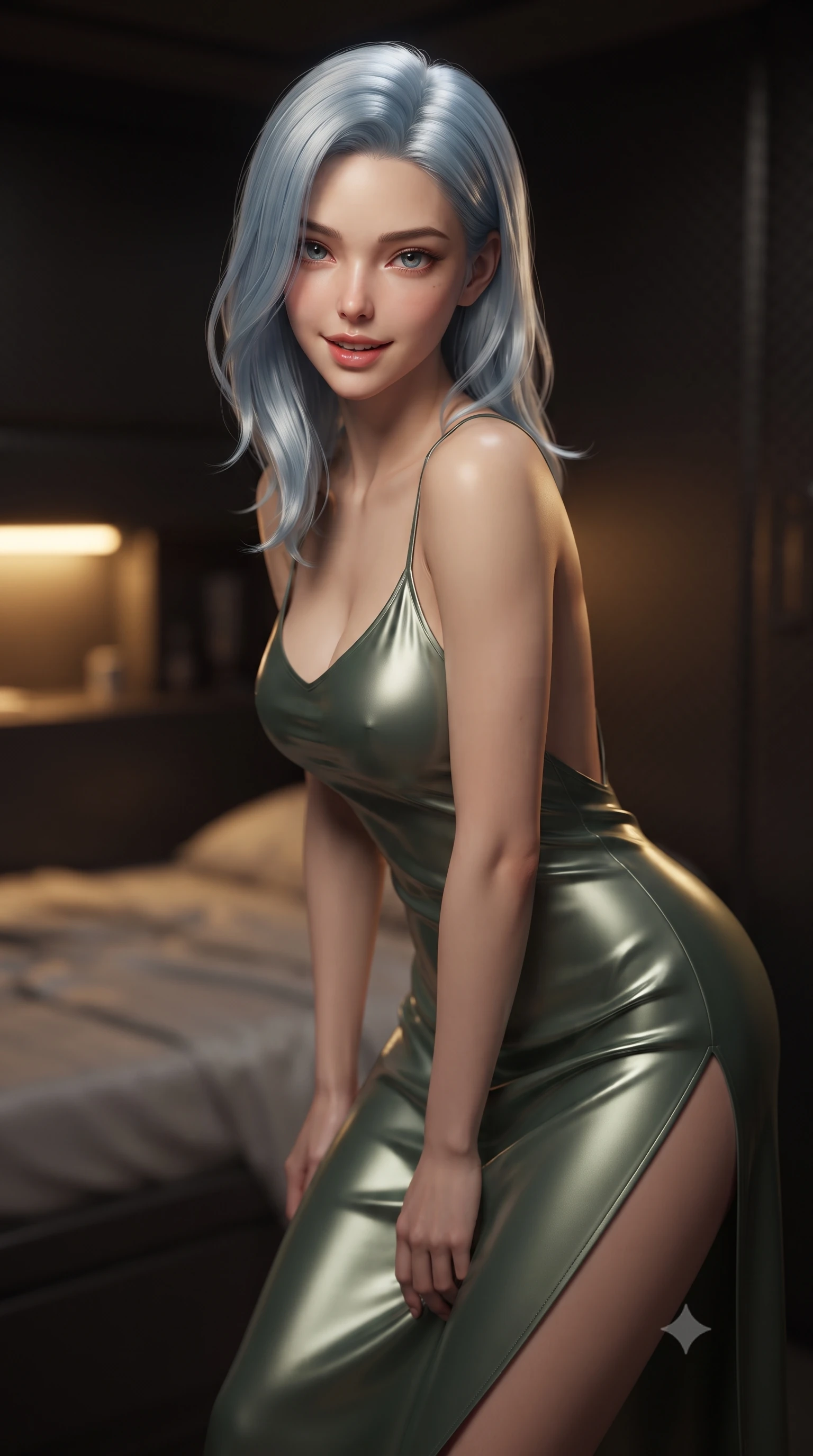 score_9, masterpiece, best quality, ultra-detailed, high-budget anime keyframe, editorial fashion photography, tasteful artistic composition, Korean woman. close-up cowboy shot from the waist and thighs up, the character dominates the composition, filling the frame with her large presence, background elements kept in soft focus. leaning slightly forward with a playful, teasing smile, her gaze locked onto the viewer with lips parted in a composed pose, the background shows a soft-focus a private quarters aboard an interstellar singularity warship with dark carbon walls. She has an exceptionally elegant, slender, and willowy female figure with an ultra-slim waist, a gracefully sculpted slender torso, and a refined silhouette. sharp v-shaped jawline, high-bridge nose, intricate jewel-like eyes with depth, thick eyelashes, glossy lips with a natural sheen. wearing a slim-fit lightweight silk combat slip dress in sage green, featuring a high side slit and a low-cut back. warm golden light from reading consoles casting cozy, intimate shadows on silk sheets. ultra-reflective glossy finish, specular highlights, metallic sheen, high-contrast stereoscopic depth, volumetric dynamic lighting, 2k, ultra detail, master piece, 9:16 ratio