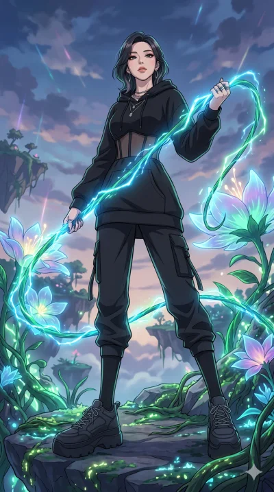 score_9, masterpiece, best quality, ultra-detailed, High-budget Anime Keyframe, vibrant colors, fluid line-art, expressive lighting, cinematic composition, Ufotable-style visual effects, top-tier animation quality, Korean woman with idol-like refined