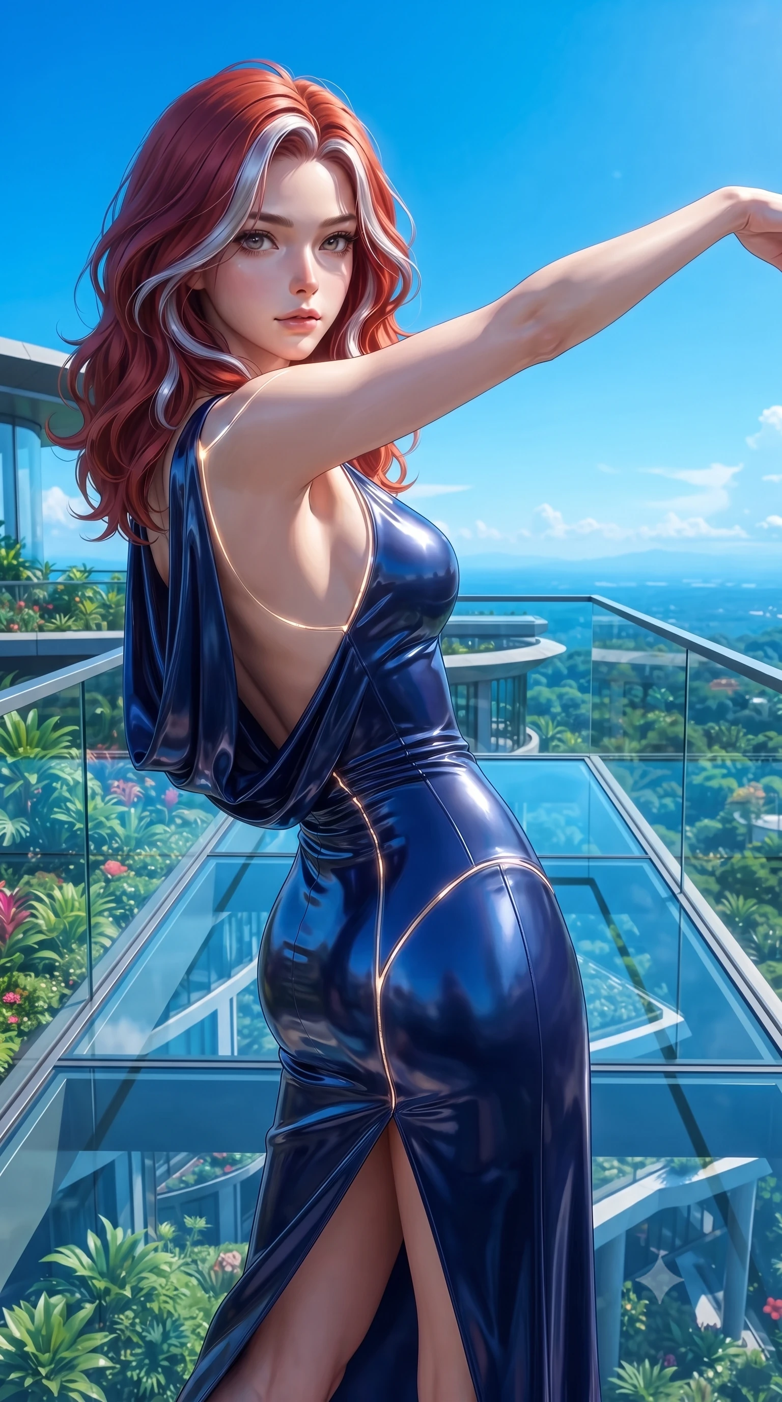 score_9, masterpiece, best quality, ultra-detailed, high-budget anime keyframe, editorial fashion photography, tasteful artistic composition, Caucasian woman. close-up cowboy shot from the waist and thighs up, the character dominates the composition, filling the frame with her large presence. extending one arm gracefully toward the light while her torso arches in a sleek, alluring curve with magnetic intensity while pivoting dynamically on a cantilevered glass observation deck as sunlight reflects brilliantly off distant clouds. The surrounding environment is rendered in vivid detail and crisp panoramic clarity. vibrant contrast between lush green flora, modern architecture, and brilliant blue sky in panoramic precision. She has an exceptionally elegant, slender, and willowy female figure with an ultra-slim waist, a gracefully sculpted slender torso, toned flat midriff, and a refined slim silhouette. sharp v-shaped jawline, high-bridge nose, intricate jewel-like eyes with depth, thick eyelashes, glossy lips with a natural sheen, flawlessly proportioned anatomical accuracy, strict slender model proportions, natural body alignment, perfectly sculpted long slender limbs, ultra-slim waistline, clean dynamic posture without body distortion. wearing a precision-fitted liquid jersey bodycon dress with a dramatic draped cowl back that swoops down to her waist and a high side slit in deep royal navy blue and specular chrome, formed from high-gloss patent material with specular light reflections, accented with glowing fiber-optic seams tracing her collarbones and hip curves, the glove-like aerodynamic second-skin fit tightly clinging to her ultra-slender waist and athletic curves without adding bulk, accentuating her razor-sharp statuesque lines and slim hourglass silhouette. illuminated by crisp specular highlights tracing her sculpted collarbones and waistline. ultra-reflective glossy finish, specular highlights, metallic sheen, high-contrast stereoscopic depth, volumetric dynamic lighting, 2k, ultra detail, master piece, 9:16 ratio