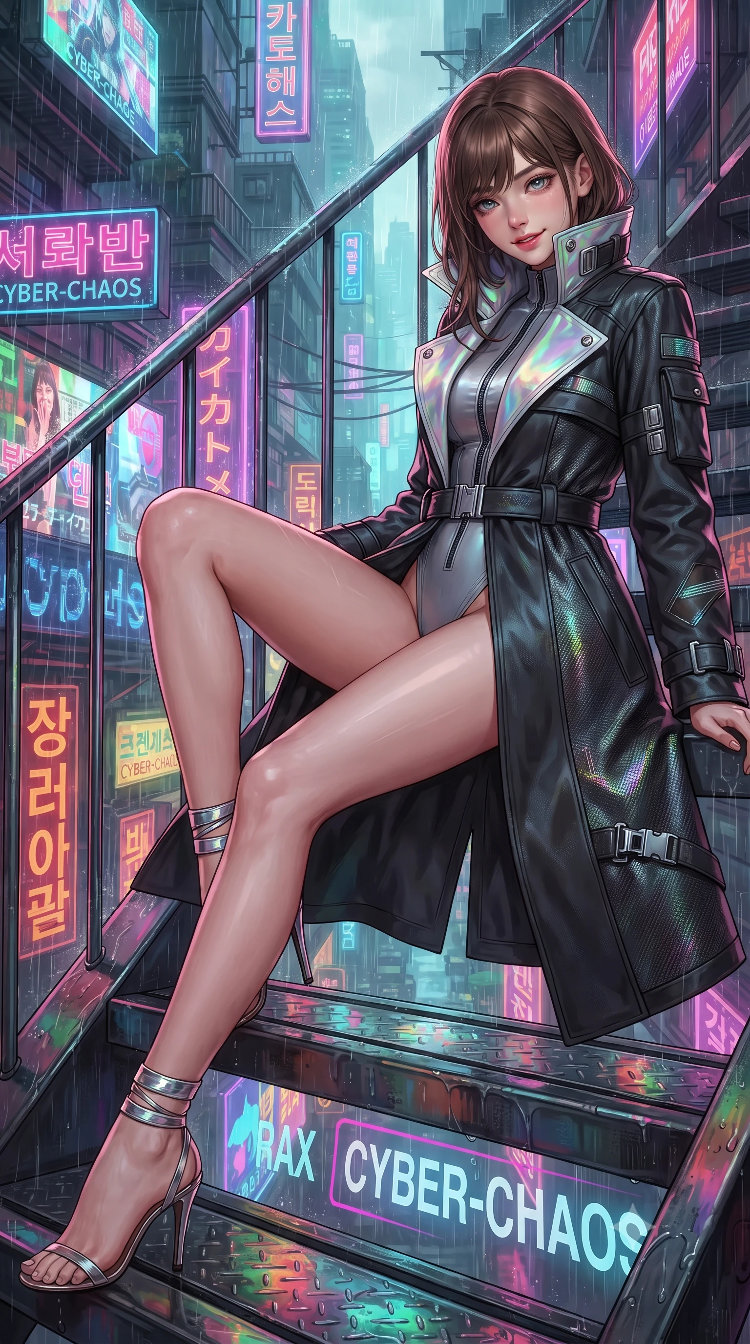 score_9, masterpiece, best quality, ultra-detailed, high-budget anime keyframe, editorial fashion photography, tasteful artistic composition, Korean woman. close-up cowboy shot from the waist and thighs up, the character dominates the composition, filling the frame with her large presence. tilting her head with a teasing half-smile, running one hand slowly down the side of her hip in a flirtatious S-curve as ambient light caresses her silhouette while reclining gracefully on the sheltered neon-lit fire escape landing with legs extended, displaying her long slender limbs and statuesque hourglass silhouette amid rain-washed cyber-chaos. The surrounding environment is rendered in vivid detail and crisp panoramic clarity: detailed tactical trench coat tailoring, wet patent leather sheen, and gritty hyper-dense urban architecture in razor-sharp precision. She has an exceptionally elegant, slender, and willowy female figure with an ultra-slim waist, flat toned midriff, narrow ribcage, and sculpted feminine hips creating an alluring, slim hourglass silhouette without bulk. sharp v-shaped jawline, high-bridge nose, intricate jewel-like sparkling eyes with depth, thick eyelashes, glossy parted lips with a natural peach sheen, bright cheerful beaming smile with an enchanting and coquettish sensual glint, exuding both youthful cute charm and seductive allure, flawlessly proportioned anatomical accuracy, strict slender model proportions, natural body alignment, perfectly sculpted long slender limbs, ultra-slim waistline, clean dynamic posture without body distortion. wearing a bespoke tactical commander trench coat in matte carbon-weave with magnetic utility buckles, storm flaps, and high standing collar in iridescent mother-of-pearl and liquid molten silver, tailored from high-density tech-wool with subtle metallic thread weave, complemented by strappy stiletto sandals with metallic ankle wraps accentuating her slender calves, the bespoke structured tailoring following the natural line of her 8.5-heads silhouette with refined elegance. bathed in multi-colored ambient neon reflections from towering holographic advertisements mixed with cool rain reflections. ultra-reflective glossy finish, specular highlights, rich textural contrasts, high-contrast stereoscopic depth, volumetric dynamic lighting, 2k, ultra detail, master piece, 9:16 ratio