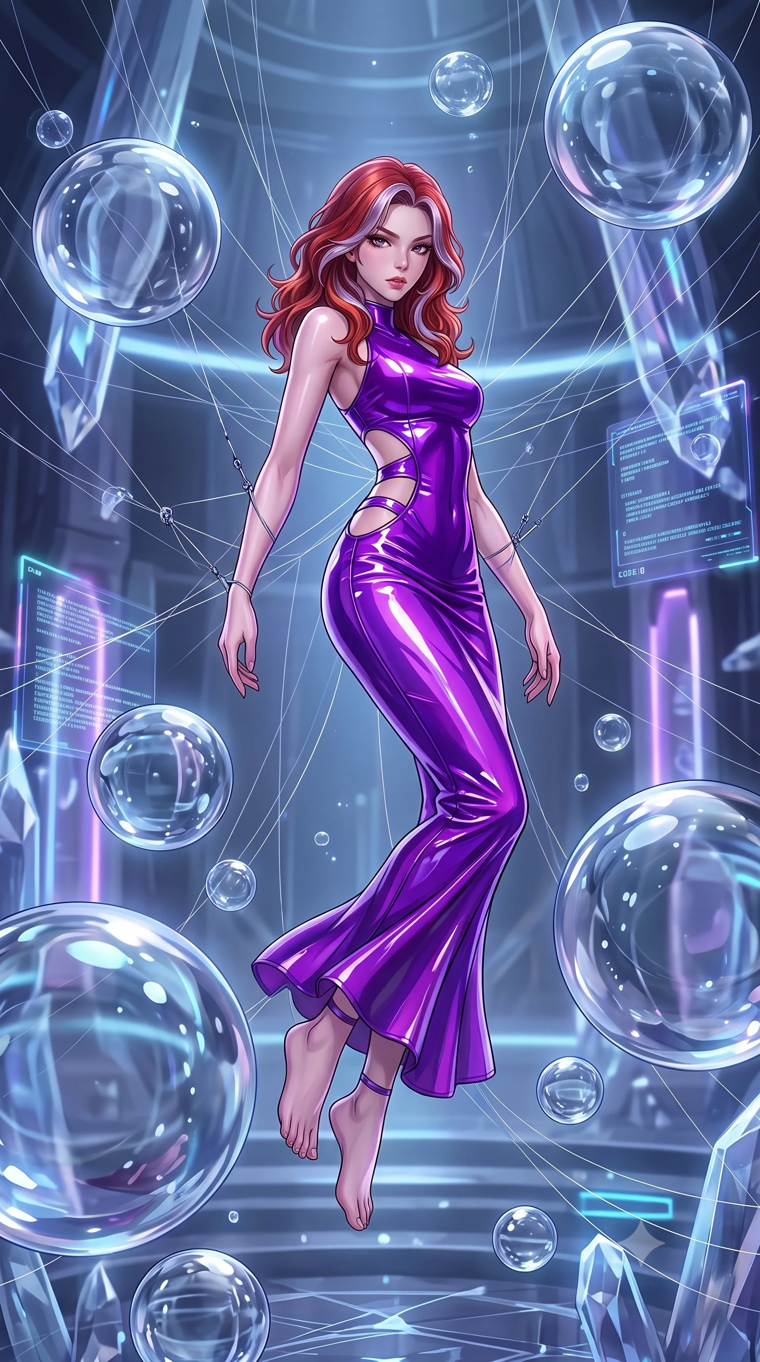 score_9, masterpiece, best quality, ultra-detailed, High-budget Anime Keyframe, Caucasian woman, strictly human ears. Dynamic full-body shot stretching the vertical silhouette to the limit. Scenario 511: suspended by invisible silk threads inside a zero-gravity sanctuary filled with floating water spheres. Her presence is magnetic and overpowering in this high-budget anime scene. Outfit 511: a form-contouring neon violet patent leather gown with strategic waist cut-outs and slender leg straps. The clothing is designed to emphasize her exceptionally tall and slender 8-heads proportion. 8-heads proportion, towering silhouette, ultra-slim waist. sharp v-shaped jawline, intricate jewel-like eyes with depth, thick eyelashes, glossy lips. 2k, ultra detail, master piece, 9:16 ratio