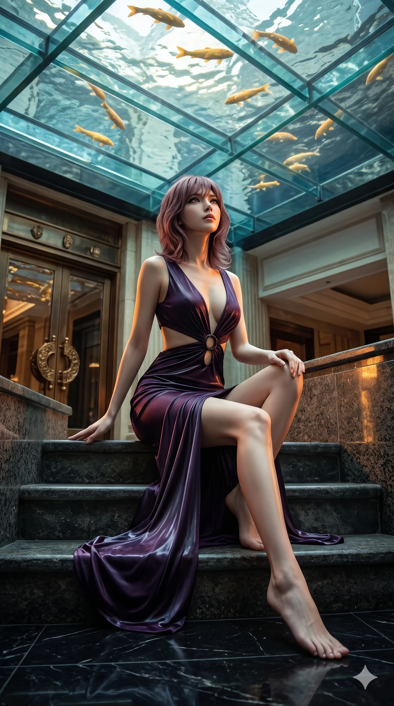 score_9, masterpiece, best quality, ultra-detailed, high-budget anime keyframe, semi-realistic 3D game render, editorial fashion photography, tasteful artistic composition, Japanese woman. low angle full-body shot from head to toe showing her feet, filling the entire 9:16 vertical frame with her statuesque presence, stretching her vertical silhouette. sitting poised on the dark stone steps with one knee bent, arching her spine with supermodel elegance as she glances upward through thick eyelashes while standing poised on the black marble floor beneath the transparent glass ceiling, looking up as golden koi swim through illuminated waters overhead. The surrounding environment is rendered in vivid detail and crisp panoramic clarity: sharp structural glass ceiling beams, water caustics patterns on polished granite, and bronze door fittings in deep focus. She has an absolutely perfect, statuesque 8.5-heads proportion, an exceptionally tall and slender model-like female figure with impossibly long slender legs, an ultra-slim waist, a flat toned midriff, narrow delicate ribcage, and beautifully sculpted feminine hips creating a graceful, slim hourglass silhouette without any bulky heaviness. sharp v-shaped jawline, high-bridge nose, intricate jewel-like dark sparkling eyes with hypnotic seductive depth, thick curled eyelashes, glossy parted lips with a natural wine sheen, alluring bedroom-eyes with an enigmatic smoldering smile, exuding magnetic sovereign charisma and dark avant-garde glamour, flawlessly proportioned anatomical accuracy, strict slender model proportions, natural body alignment, perfectly sculpted long slender limbs, ultra-slim waistline, clean dynamic posture without body distortion. wearing a slinky deep-V liquid dark jersey cocktail dress with waist cutout accentuating her curves in royal amaranth purple and liquid platinum, made of liquid dark mercury jersey with seamless sculpting hold and fluid drape, trimmed with dark chrome ring hardware along the waist contours, the bespoke structured tailoring following the natural line of her 8.5-heads silhouette with refined elegance. illuminated by polished floor bounce and sharp cyan-amber rim lights defining her razor-sharp jawline, narrow waist, and curvy hips. highly saturated vibrant anime colors, detailed shading with soft gradients, rich glossy textures, high-contrast stereoscopic depth, volumetric dynamic lighting, master piece, 9:16 ratio