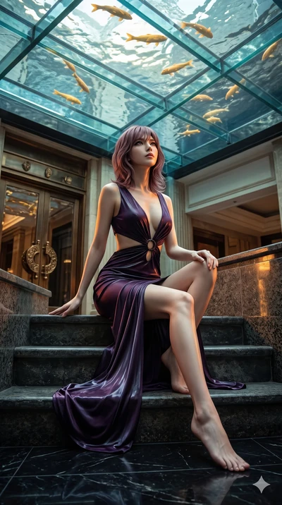 score_9, masterpiece, best quality, ultra-detailed, high-budget anime keyframe, semi-realistic 3D game render, editorial fashion photography, tasteful artistic composition, Japanese woman. low angle full-body shot from head to toe showing her feet, f