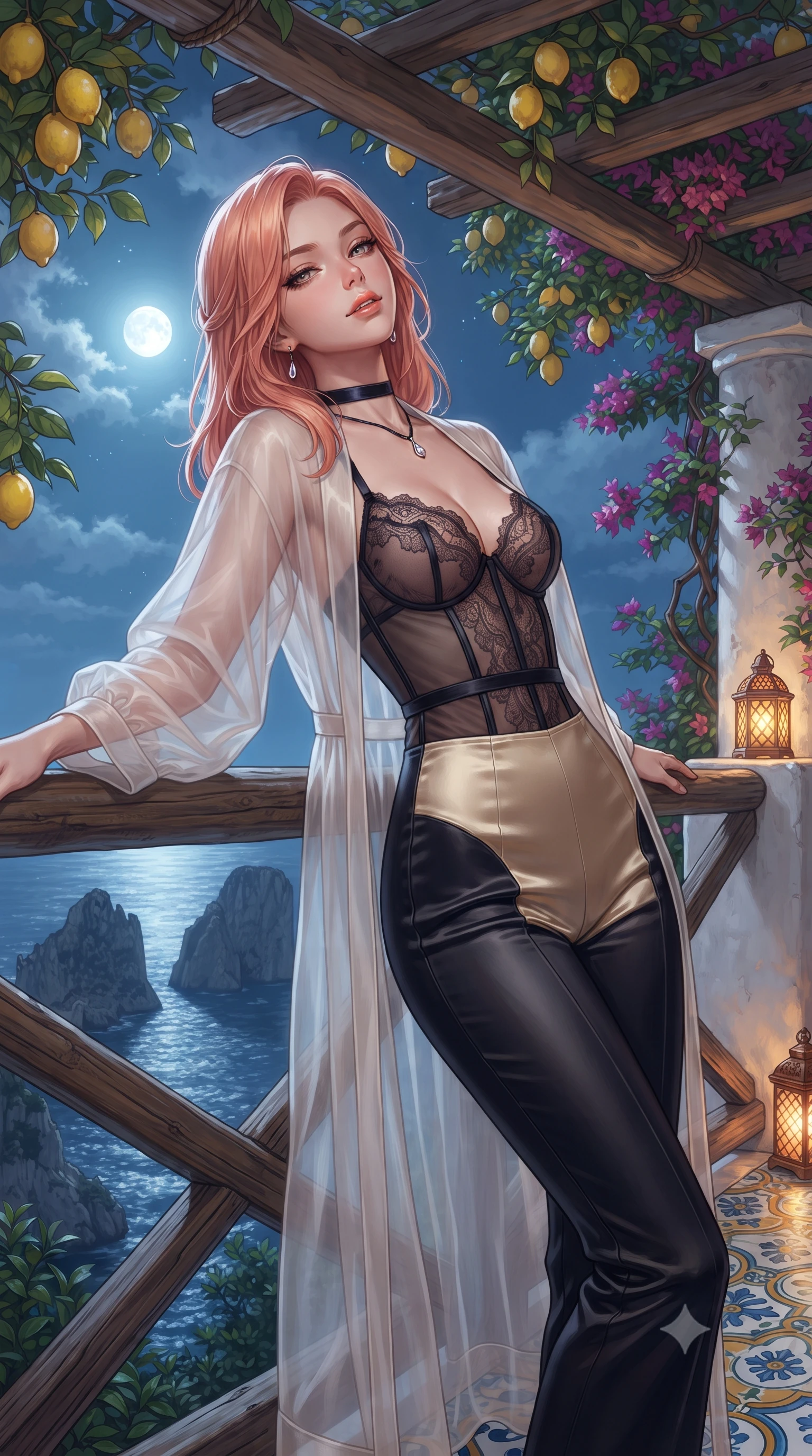 score_9, masterpiece, best quality, ultra-detailed, high-budget anime keyframe, editorial fashion photography, tasteful artistic composition, Japanese woman. close-up cowboy shot from the waist and thighs up, the character dominates the composition, filling the frame with her large presence. leaning back against the balustrade with relaxed seductive grace, head tilted back slightly while casting a hypnotic, heavy-lidded gaze while standing poised beneath the rustic wooden pergola heavy with ripe yellow lemons and climbing bougainvillea, arching her spine with sovereign siren poise as the colossal Faraglioni sea stacks rise from moonlit waves. The surrounding environment is rendered in vivid detail and crisp panoramic clarity: sharp hand-painted Majolica floor tile patterns, whitewashed column stucco textures, and sea mist droplets in deep focus. She has an exceptionally elegant, slender, and willowy female figure with an ultra-slim waist, flat toned midriff, narrow ribcage, and sculpted feminine hips creating an alluring, slim hourglass silhouette without bulk. sharp v-shaped jawline, high-bridge nose, intricate jewel-like sparkling eyes with depth, thick eyelashes, glossy parted lips with a natural peach sheen, bright cheerful beaming smile with an enchanting and coquettish sensual glint, exuding both youthful cute charm and seductive allure, flawlessly proportioned anatomical accuracy, strict slender model proportions, natural body alignment, perfectly sculpted long slender limbs, ultra-slim waistline, clean dynamic posture without body distortion. wearing a delicate translucent silk organza wrap robe worn loose over a sheer lace demi-bustier and satin tap pants in deep midnight obsidian black and liquid champagne gold, woven from buttery-soft stretch lambskin leather adhering to her body like a second skin, finished with a thin velvet ribbon choker and a single teardrop diamond pendant, the glove-like clinging cut tightly following the natural contour of her hips and long slender legs with youthful 8.5-heads elegance. bathed in the magical cool silver 4500K moonlight illuminating the sea stacks mixed with warm 2400K pierced terracotta lanterns. ultra-reflective glossy finish, specular highlights, rich textural contrasts, high-contrast stereoscopic depth, volumetric dynamic lighting, 2k, ultra detail, master piece, 9:16 ratio