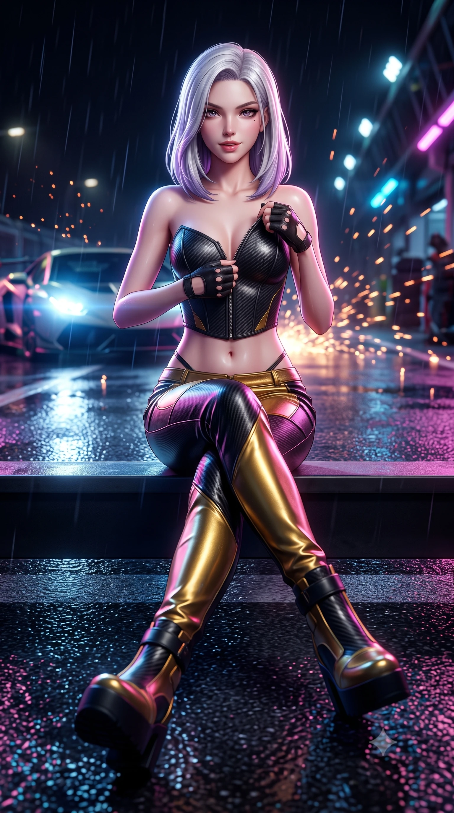 score_9, masterpiece, best quality, ultra-detailed, high-budget anime keyframe, semi-realistic 3D game render, editorial fashion photography, tasteful artistic composition, Caucasian woman. low angle full-body shot from head to toe showing her feet, filling the entire 9:16 vertical frame with her statuesque presence, stretching her vertical silhouette. sitting poised on the elevated edge with legs crossed and extended, her tall 8.5-heads proportions dominating the scene with effortless poise while unzipping her leather racing suit with a slow, teasing smile, eyes locked with daring magnetism on the viewer. The composition keeps background elements in soft focus with creamy bokeh. rain-slicked asphalt reflections and turbo exhaust sparks scattering vivid chromatic light motes. She has an absolutely perfect, statuesque 8.5-heads proportion, an exceptionally tall and slender model-like female figure with impossibly long slender legs, a toned flat midriff, and an ultra-slim waist. sharp v-shaped jawline, high-bridge nose, intricate jewel-like eyes with depth, thick eyelashes, glossy parted lips with a natural sheen, intensely captivating and seductive expression, flawlessly proportioned anatomical accuracy, strict slender model proportions, natural body alignment, perfectly sculpted long slender limbs, ultra-slim waistline, clean dynamic posture without body distortion. wearing a deconstructed carbon-fiber corset top paired with low-slung leather utility trousers in metallic liquid gold and obsidian black, formed from ultra-sleek carbon-fiber reinforced composite with specular sheen, accessorized with bold platform racing boots and fingerless leather gloves, the precision-cut daring openings accentuating her delicate midriff, graceful bare collarbones, and ultra-slim feminine waistline. bathed in high-intensity xenon hypercar headlights and neon pitlane floodlights. highly saturated vibrant anime colors, detailed shading with soft gradients, rich glossy textures, high-contrast stereoscopic depth, volumetric dynamic lighting, master piece, 9:16 ratio