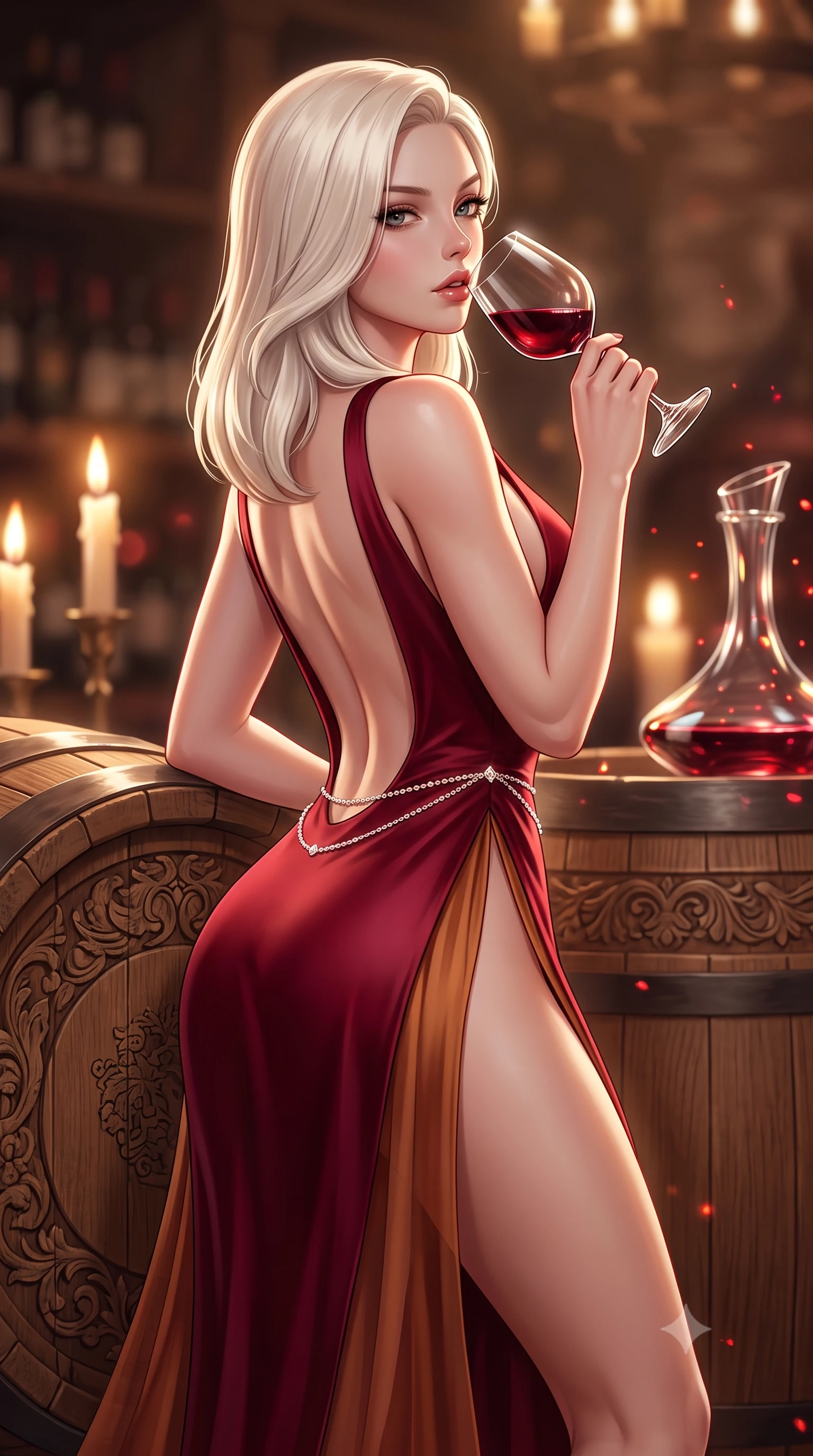 score_9, masterpiece, best quality, ultra-detailed, high-budget anime keyframe, semi-realistic 3D game render, editorial fashion photography, tasteful artistic composition, Caucasian woman. close-up cowboy shot from the waist and thighs up, the character dominates the composition, filling the frame with her large presence. twisting her slender torso in a deep contrapposto stance, hips dramatically shifted to accentuate her feminine curves while looking past her shoulder with smoldering bedroom-eyes while resting one hip against a massive carved oak wine barrel with lower back arched, raising a crystal goblet of deep red wine to her parted glossy lips while looking over her shoulder. The composition keeps background elements in soft focus with creamy bokeh. dancing candle flames and crystal wine decanter refractions scattering warm crimson light motes. She has an exceptionally elegant, slender, and willowy female figure with an ultra-slim waist, a gracefully sculpted slender torso, toned flat midriff, and rounded feminine hips creating an alluring hourglass silhouette. sharp v-shaped jawline, high-bridge nose, intricate jewel-like eyes with depth, thick eyelashes, glossy parted lips with a natural sheen, intensely captivating and seductive bedroom-eyes expression, flawlessly proportioned anatomical accuracy, strict slender model proportions, natural body alignment, perfectly sculpted long slender limbs, ultra-slim waistline, clean dynamic posture without body distortion. wearing a plunging-V neckline wine-red duchess satin gown with high side slits ascending to the high hip in aged tawny port amber and molten copper, woven from layered gossamer chiffon with a weightless sweeping drape, accented with a dainty diamond waist chain catching the cellar candlelight, the dramatically scooped open back descending to the base of her spine, accentuating her razor-sharp statuesque lines and curvy hourglass silhouette. illuminated by rich specular rim lights defining her razor-sharp jawline, narrow waist, and curvy hips. highly saturated vibrant anime colors, detailed shading with soft gradients, rich glossy textures, high-contrast stereoscopic depth, volumetric dynamic lighting, master piece, 9:16 ratio