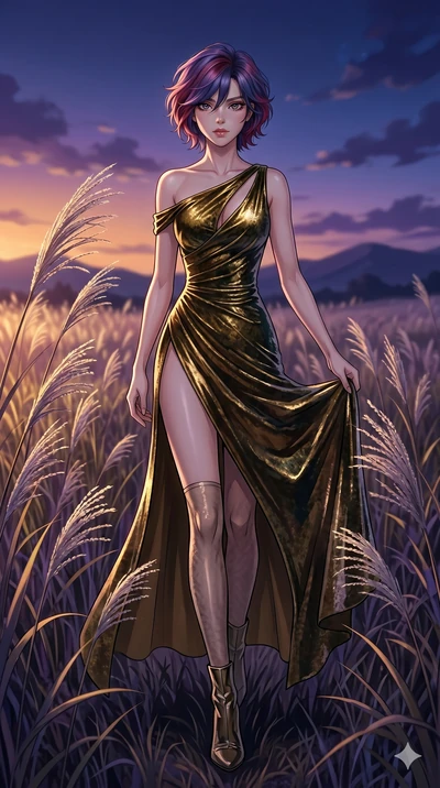 score_9, masterpiece, best quality, ultra-detailed, High-budget Anime Keyframe, East Asian woman. Dynamic full-body shot stretching the vertical silhouette to the limit. Scenario 228: Walking through a field of tall silver grass at twilight. Her pres