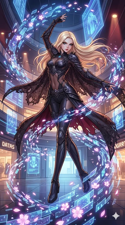 score_9, masterpiece, best quality, ultra-detailed, high-budget anime movie keyframe, cinematic anime lighting, intricate line art, Korean anime girl. Dynamic full-body shot stretching the vertical silhouette across the 9:16 frame. dancing with data-
