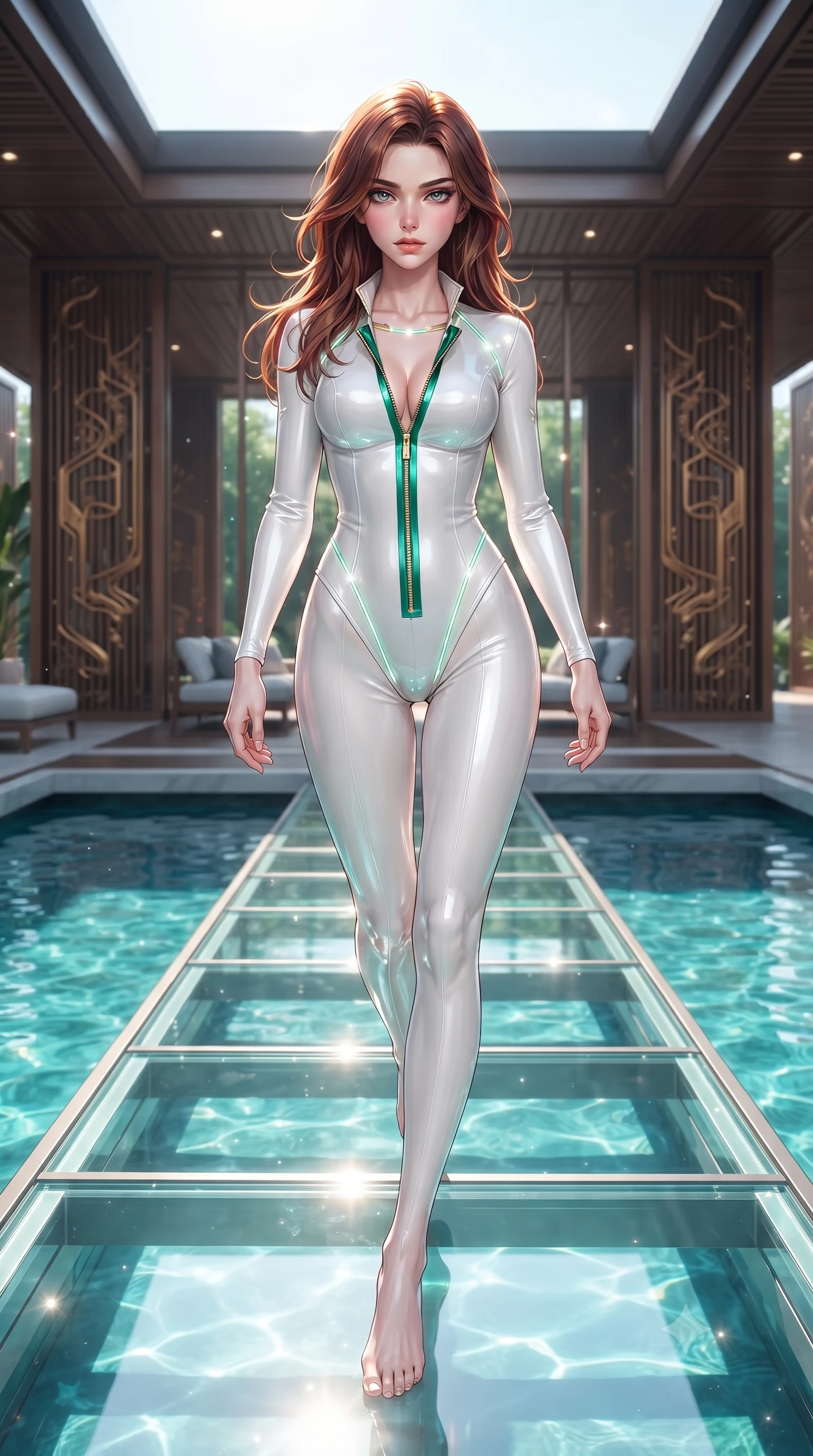 score_9, masterpiece, best quality, ultra-detailed, high-budget anime keyframe, editorial fashion photography, tasteful artistic composition, Korean woman. low angle full-body shot from head to toe showing her feet, filling the entire 9:16 vertical frame with her statuesque presence, stretching her vertical silhouette. performing an alluring mid-air vault with flawless poise, looking directly into the camera with smoldering intensity while stepping along a glowing glass runway elevated above a shimmering turquoise waterway in a modern pavilion. The surrounding environment is rendered in vivid detail and crisp panoramic clarity. rich luminous architectural materials rendered with high environmental sharpness. She has an absolutely perfect, statuesque 8.5-heads proportion, an exceptionally tall and slender model-like female figure with impossibly long slender legs, a toned flat midriff, and an ultra-slim waist. sharp v-shaped jawline, high-bridge nose, intricate jewel-like eyes with depth, thick eyelashes, glossy lips with a natural sheen, flawlessly proportioned anatomical accuracy, strict slender model proportions, natural body alignment, perfectly sculpted long slender limbs, ultra-slim waistline, clean dynamic posture without body distortion. wearing a glossy white second-skin latex bodysuit with high-thigh cuts, exposed clavicle neckline, and gleaming zipper details in bright emerald green satin and gold hardware, made of liquid metal jersey that clings flawlessly to every contour of her build, accented with glowing fiber-optic seams tracing her collarbones and hip curves, the liquid-tight tailored fabric emphasizing every curve of her tall, slender model proportions and sculptured silhouette during dynamic movement. illuminated by clear directional key light with brilliant specular highlights on glass and water. ultra-reflective glossy finish, specular highlights, metallic sheen, high-contrast stereoscopic depth, volumetric dynamic lighting, 2k, ultra detail, master piece, 9:16 ratio