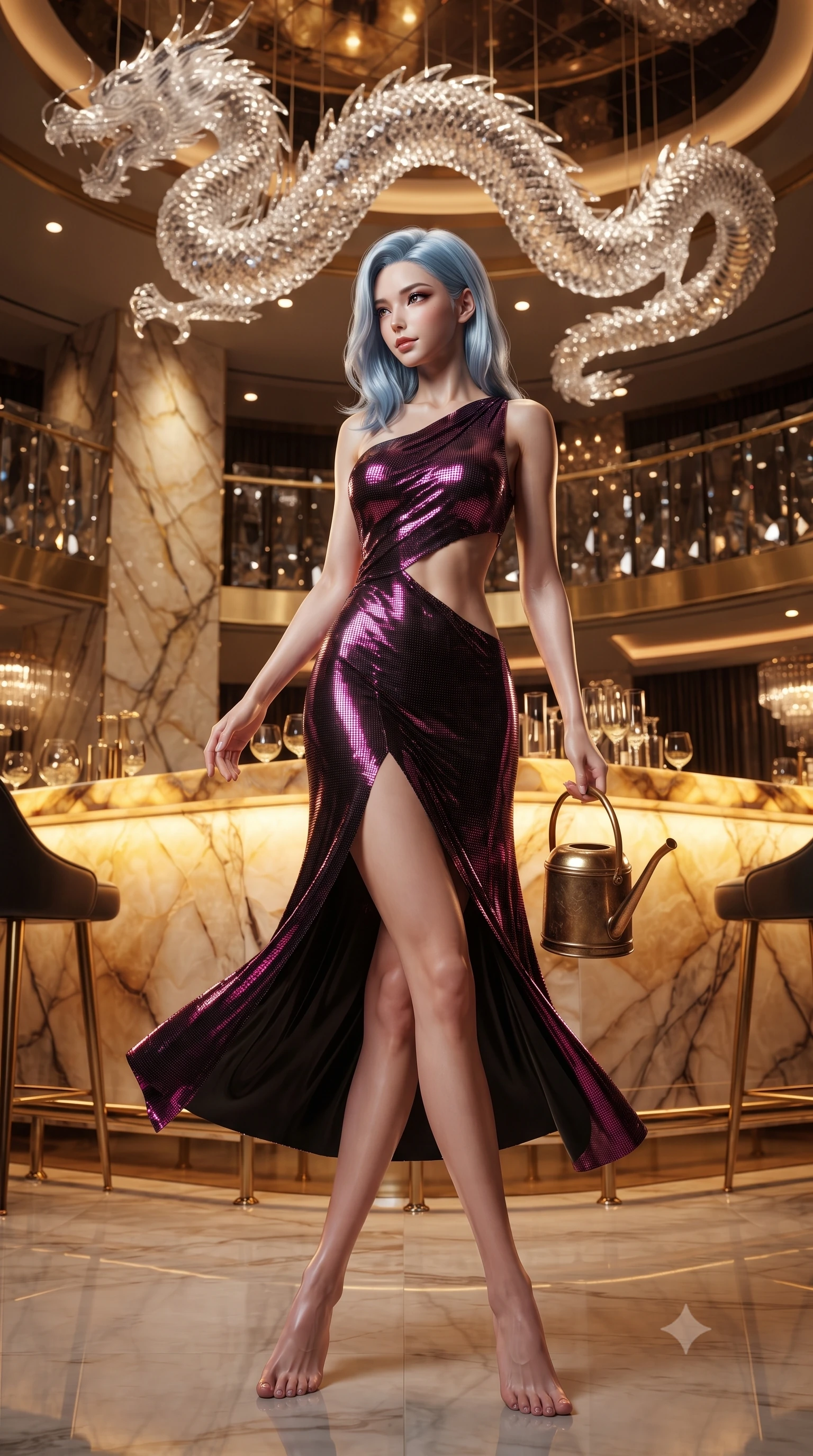score_9, masterpiece, best quality, ultra-detailed, high-budget anime keyframe, editorial fashion photography, tasteful artistic composition, Korean woman. low angle full-body shot from head to toe showing her feet, filling the entire 9:16 vertical frame with her statuesque presence, stretching her vertical silhouette. executing a slow, graceful pivot turn as her skirt sways around her slender legs, glancing back with an enchanting, teasing sensual expression while twisting her slender torso in an alluring contrapposto stance beneath the undulating crystal dragon sculpture suspended overhead. The surrounding environment is rendered in vivid detail and crisp panoramic clarity: sharp backlit onyx stone veining, faceted crystal glass reflections, and polished brass bar rail gleam in deep focus. She has an absolutely perfect, statuesque 8.5-heads proportion, an exceptionally tall and slender model-like female figure with impossibly long slender legs, an ultra-slim waist, a flat toned midriff, narrow delicate ribcage, and beautifully sculpted feminine hips creating a graceful, slim hourglass silhouette without any bulky heaviness. sharp v-shaped jawline, high-bridge nose, sparkling eyes with hypnotic seductive depth, thick curled eyelashes, glossy parted lips with a natural dewy peach sheen, alluring bedroom-eyes with an enchanting coquettish smile, exuding magnetic siren charisma and sophisticated glamour, flawlessly proportioned anatomical accuracy, strict slender model proportions, natural body alignment, perfectly sculpted long slender limbs, ultra-slim waistline, clean dynamic posture without body distortion. wearing an asymmetric one-shoulder liquid jersey nymph dress with dramatic hip-high slit and waist cutout in wet-look onyx black with electric magenta reflections, crafted from shimmering fluid chainmail mesh reflecting ambient casino lights, finished with an antique brass watering can held casually at her side, the second-skin tailored fabric adhering flawlessly to her sculpted flat midriff and slender torso, emphasizing her long leg lines and perfectly proportioned willowy build. bathed in warm ambient light radiating upward through the translucent honey-onyx bar top. ultra-reflective glossy finish, specular highlights, rich textural contrasts, high-contrast stereoscopic depth, volumetric dynamic lighting, 2k, ultra detail, master piece, 9:16 ratio