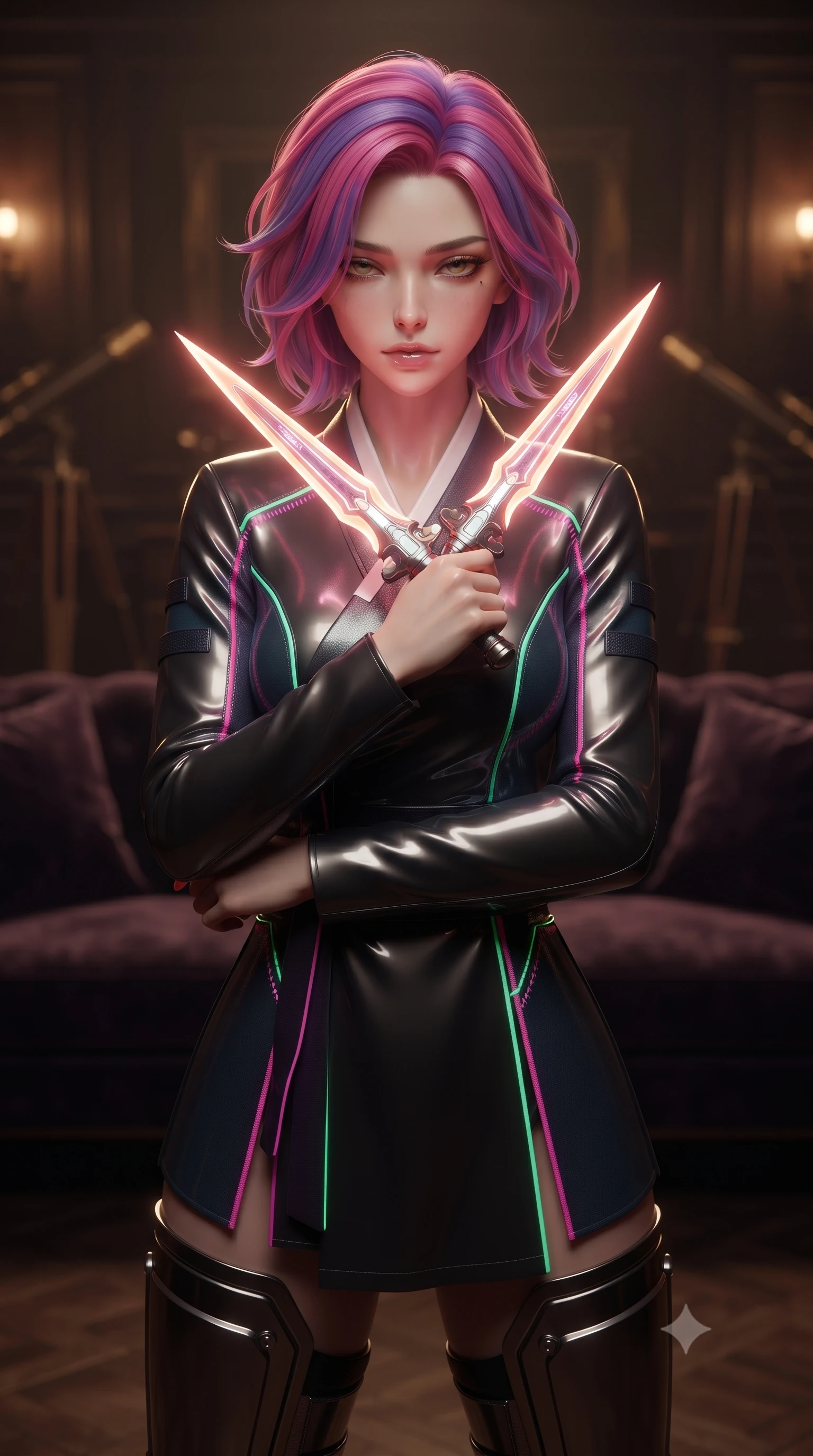 score_9, masterpiece, best quality, ultra-detailed, high-budget anime keyframe, editorial fashion photography, tasteful artistic composition, Caucasian woman. close-up cowboy shot from the waist and thighs up, the character dominates the composition, filling the frame with her large presence, background elements kept in soft focus. holding two energy daggers crossed in front of her elegant collarbone, casting a heavy-lidded, sultry look, the background shows a soft-focus a theater foyer lounge with dark velvet sofas and antique telescopes. She has an exceptionally elegant, slender, and willowy female figure with an ultra-slim waist, a gracefully sculpted slender torso, and a refined silhouette. sharp v-shaped jawline, high-bridge nose, intricate jewel-like eyes with depth, thick eyelashes, glossy lips with a natural sheen. wearing a tailored modern fusion cyber-hanbok robes featuring neon-stitch silk panels and reinforced composite shin guards. low-contrast warm ambient glow creating a mysterious, cozy mood inside. ultra-reflective glossy finish, specular highlights, metallic sheen, high-contrast stereoscopic depth, volumetric dynamic lighting, 2k, ultra detail, master piece, 9:16 ratio