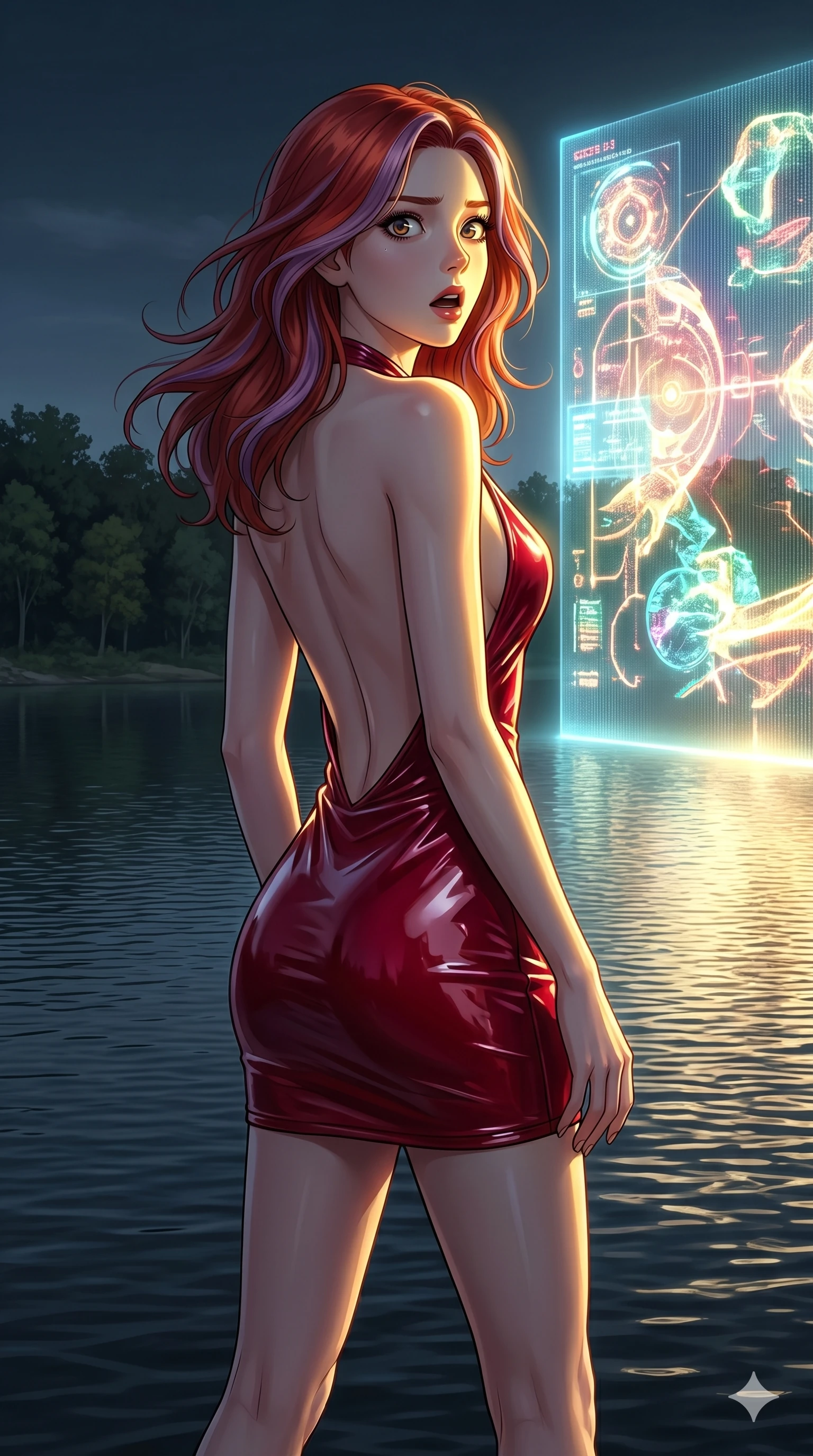 score_9, masterpiece, best quality, ultra-detailed, high-budget anime keyframe, editorial fashion photography, tasteful artistic composition, Caucasian woman, strictly human ears. cowboy shot from the thighs up, character and outfit filling the frame for maximum editorial presence. looking back sharply with wide, startled eyes, her lips parted in shock as she holds her breath by a quiet lakeside when a giant digital projection appears on the water (Scenario Code U-9). She has an absolutely perfect 8-heads proportion, an exceptionally tall and slender female figure with impossibly long slender legs and an ultra-slim waist. V-shaped jawline, high-bridge nose, intricate jewel-like eyes with depth, thick eyelashes, glossy lips with a natural sheen. wearing a wet-look crimson vinyl mini-dress with a bold halter neck and dramatic open-back. drenched in a sharp golden key light that highlights her surprised facial expression. 2k, ultra detail, master piece, 9:16 ratio