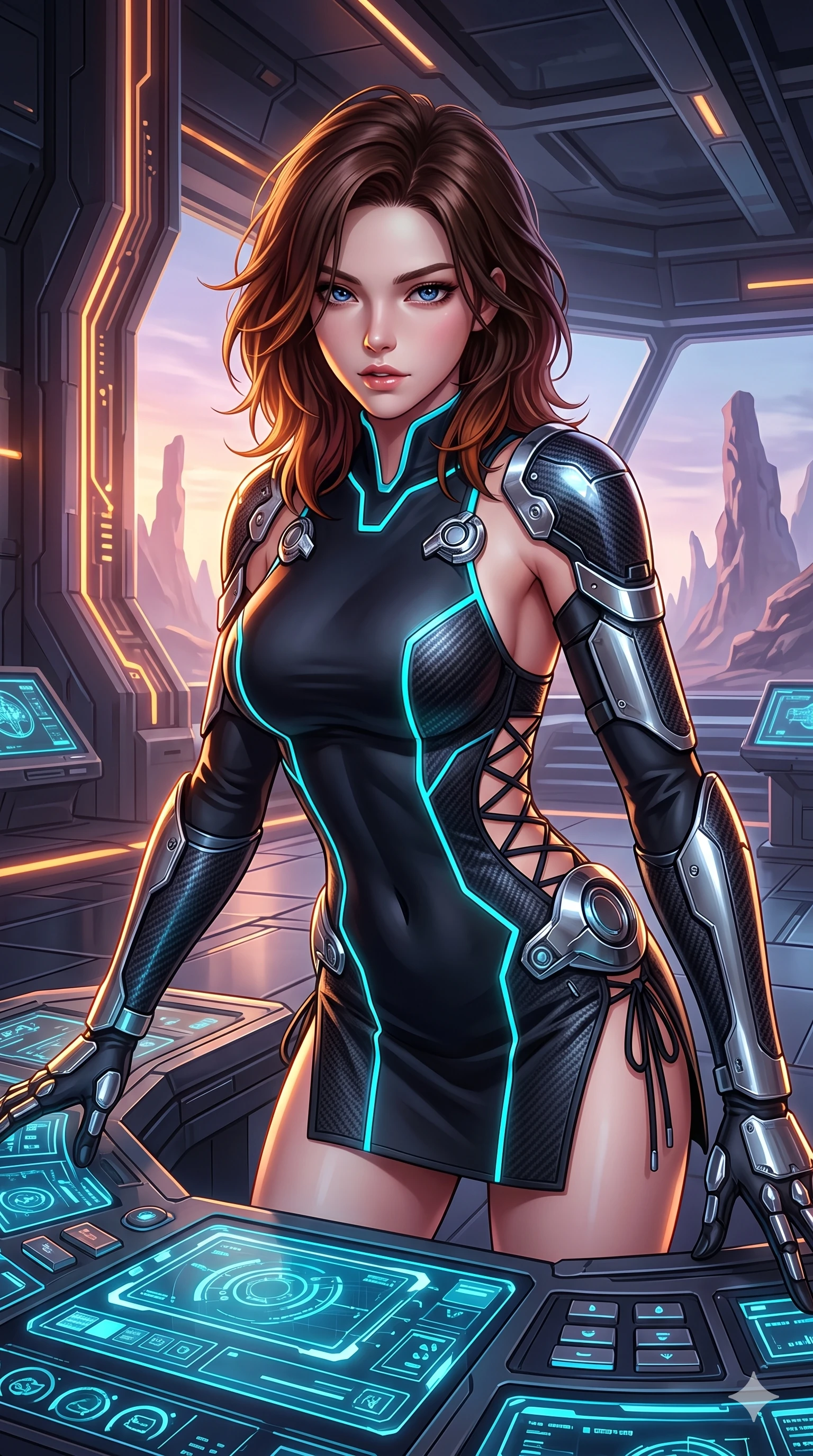 score_9, masterpiece, best quality, ultra-detailed, high-budget anime keyframe, semi-realistic 3D game render, editorial fashion photography, tasteful artistic composition, Korean woman. close-up cowboy shot from the waist and thighs up, the character dominates the composition, filling the frame with her large presence. leaning forward over the holographic console while arching her lower back to accentuate her curvy hips, looking into the camera with an intoxicating smoldering bedroom-gaze while twisting her slender torso in an alluring contrapposto, dual amber-violet solar rays tracing her narrow waist and curvy hips in sharp contrast. The surrounding environment is rendered in vivid detail and crisp panoramic clarity: intricate cyber-samurai armor plating, sleek carbon weave, and alien geological formations in razor-sharp precision. She has an exceptionally elegant, slender, and willowy female figure with an ultra-slim waist, flat toned midriff, narrow ribcage, and sculpted feminine hips creating an alluring, slim hourglass silhouette without bulk. sharp v-shaped jawline, high-bridge nose, intricate jewel-like sparkling eyes with depth, thick eyelashes, glossy parted lips with a natural sheen, bright confident smile with an enchanting and coquettish sensual glint, exuding both youthful magnetic charm and sovereign high-tech allure, flawlessly proportioned anatomical accuracy, strict slender model proportions, natural body alignment, perfectly sculpted long slender limbs, ultra-slim waistline, clean dynamic posture without body distortion. wearing a provocative open-waist cutout tactical mini dress framed by sculptural chrome hardware and thigh-high slit in matte obsidian black and glowing neon cyan trim, crafted from lightweight aerodynamic matte carbon-fiber weave with structural stiffness, featuring fine criss-cross lace-up side ties revealing tantalizing glimpses of her hip curve, the bespoke structured tailoring following the natural line of her 8.5-heads silhouette with refined elegance. illuminated by glowing monolith circuit veins and sharp golden-amber rim lights sculpting her razor-sharp jawline, narrow waist, and curvy hips. highly saturated vibrant anime colors, detailed shading with soft gradients, rich glossy textures, high-contrast stereoscopic depth, volumetric dynamic lighting, master piece, 9:16 ratio