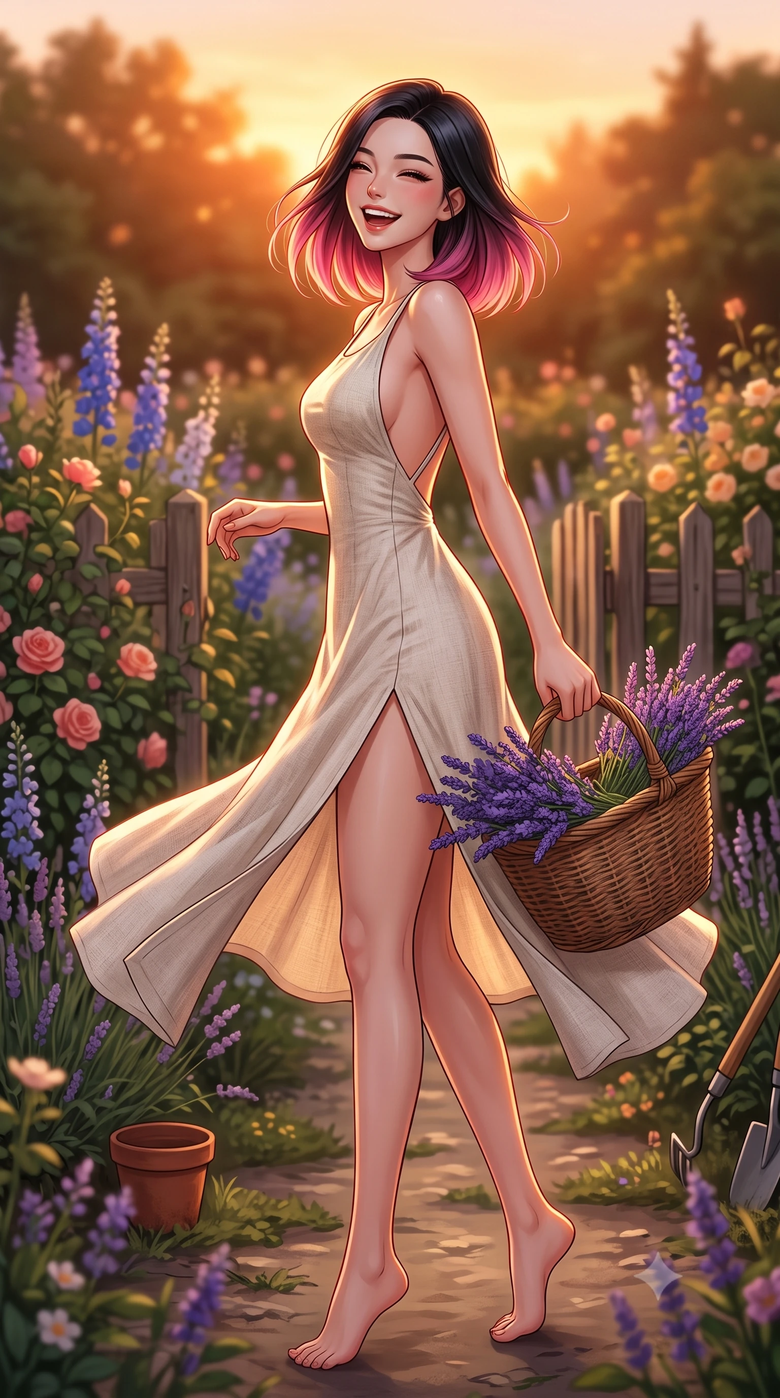 score_9, masterpiece, best quality, ultra-detailed, high-budget anime keyframe, editorial fashion photography, tasteful artistic composition, Korean woman. low angle full-body shot from head to toe showing her feet, filling the entire 9:16 vertical frame with her statuesque presence, stretching her vertical silhouette. twirling around with a playful, cute laugh, her skirt billowing beautifully in the air set against a soft-focus background of in a lovely cottage garden filled with mixed cottage flowers and wooden fences carrying a woven basket filled with freshly picked lavender stems. She has an absolutely perfect, statuesque 8.5-heads proportion, an exceptionally tall and slender model-like female figure with impossibly long slender legs and an ultra-slim waist. sharp v-shaped jawline, high-bridge nose, intricate jewel-like eyes with depth, thick eyelashes, glossy lips with a natural sheen. wearing form-contouring linen sundress with a daring high slit and a low-cut back design. golden hour sunset light casting a warm, romantic orange glow over the field. highly saturated vibrant anime colors, detailed shading with soft gradients, rich glossy textures, high-contrast stereoscopic depth, volumetric dynamic lighting, master piece, 9:16 ratio