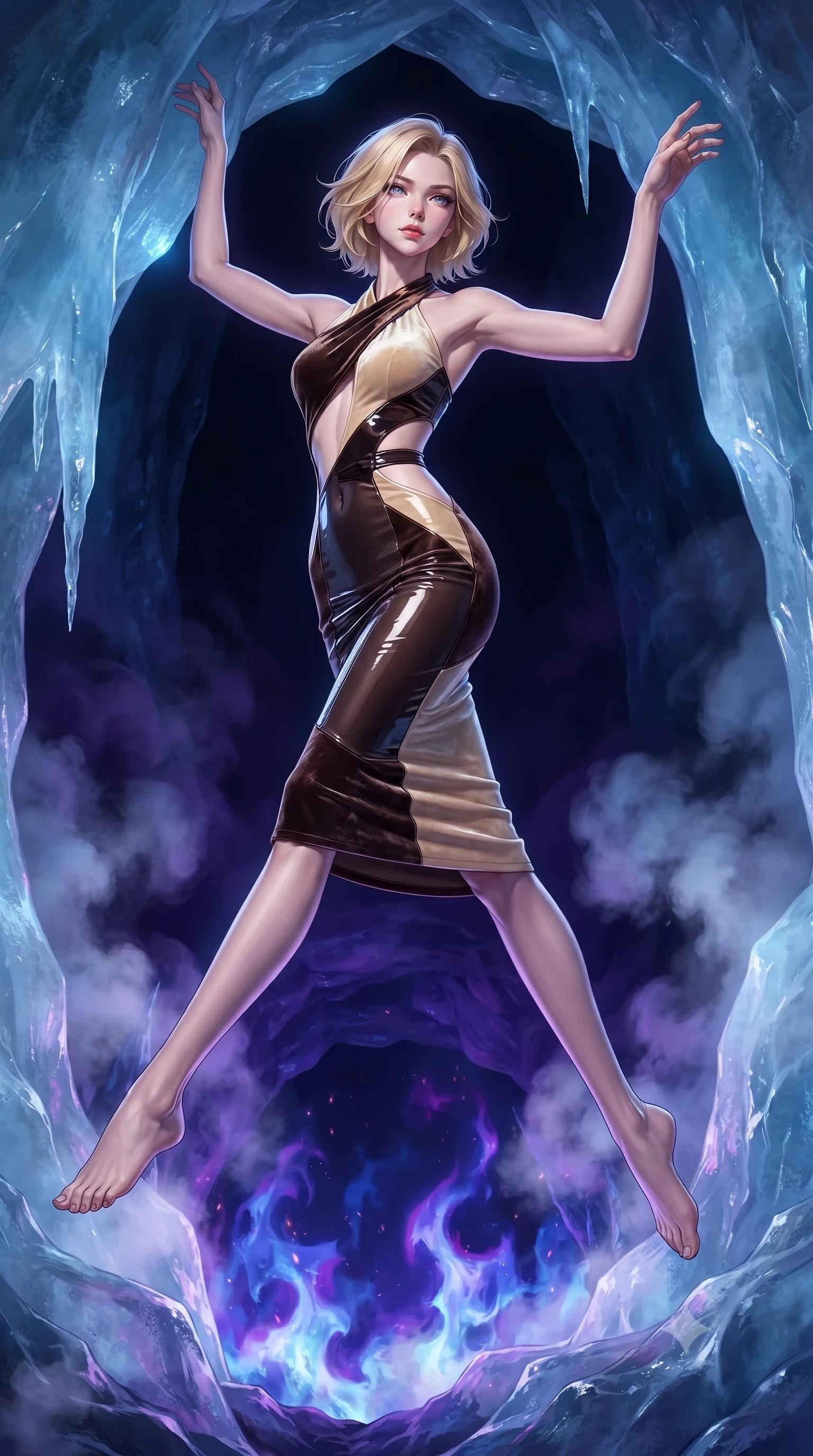 score_9, masterpiece, best quality, ultra-detailed, high-budget anime keyframe, editorial fashion photography, tasteful artistic composition, Caucasian woman. low angle full-body shot from head to toe showing her feet, filling the entire 9:16 vertical frame with her statuesque presence, stretching her vertical silhouette. leaping gracefully through the environment with statuesque elegance and long slender legs resting near an ice cave entrance as subterranean cobalt flames pulse below, steam clouds rising from lava cracks reflecting deep violet and indigo. She has an absolutely perfect, statuesque 8.5-heads proportion, an exceptionally tall and slender model-like female figure with impossibly long slender legs and an ultra-slim waist. sharp v-shaped jawline, high-bridge nose, intricate jewel-like eyes with depth, thick eyelashes, glossy lips with a natural sheen. wearing a velvet halter-neck midi dress following her form like a glove in espresso brown and warm cream, tailored from high-gloss patent leather, featuring clean architectural cutouts along her slender torso, the elegant draped fit framing her graceful clavicle and slender torso. bathed in high-contrast blue and violet spectral lighting. highly saturated vibrant anime colors, detailed shading with soft gradients, rich glossy textures, high-contrast stereoscopic depth, volumetric dynamic lighting, master piece, 9:16 ratio