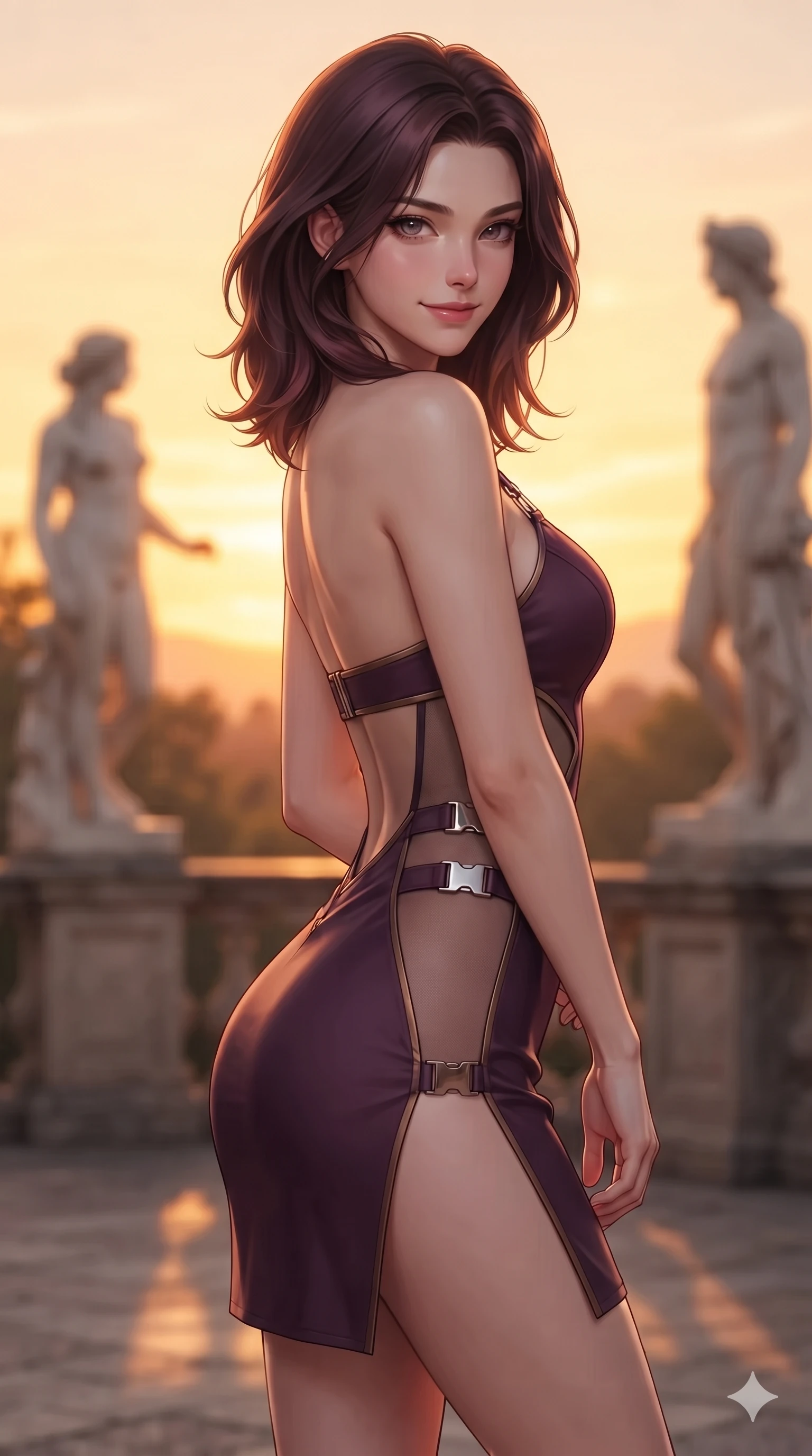 score_9, masterpiece, best quality, ultra-detailed, high-budget anime keyframe, editorial fashion photography, tasteful artistic composition, Korean woman. close-up cowboy shot from the waist and thighs up, the character dominates the composition, filling the frame with her large presence. turning over a bare shoulder with an intoxicating, teasing smile, her soft hair framing her sharp jawline as her hips angle gracefully in a captivating contrapposto while standing poised between classical Roman marble statues on the garden terrace, arching her spine with regal supermodel charisma against the sunset horizon. The composition keeps background elements in soft focus with creamy bokeh: scented Tuscan evening breeze softened in Renaissance villa terrace shallow focus. She has an exceptionally elegant, slender, and willowy female figure with an ultra-slim waist, flat toned midriff, narrow ribcage, and sculpted feminine hips creating an alluring, slim hourglass silhouette without bulk. sharp v-shaped jawline, high-bridge nose, intricate jewel-like eyes with depth, thick eyelashes, glossy parted lips with a natural sheen, intensely captivating and seductive bedroom-eyes expression, flawlessly proportioned anatomical accuracy, strict slender model proportions, natural body alignment, perfectly sculpted long slender limbs, ultra-slim waistline, clean dynamic posture without body distortion. wearing a provocative open-waist cutout mini dress framed by sculptural chrome hardware and thigh-high slit in deep plum violet and antique bronze, featuring strategic sheer-illusion tulle side panels framing her ribcage and hips, finished with sleek magnetic buckle closures fluttering in the breeze, the liquid-tight tailored fabric clinging flawlessly to her narrow waist and rounded feminine hips, emphasizing every millimeter of her sculpted slim hourglass curves without any bulky heaviness. illuminated by stone terrace bounce and sharp amber rim lights defining her razor-sharp jawline, narrow waist, and curvy hips. ultra-reflective glossy finish, specular highlights, rich textural contrasts, high-contrast stereoscopic depth, volumetric dynamic lighting, 2k, ultra detail, master piece, 9:16 ratio