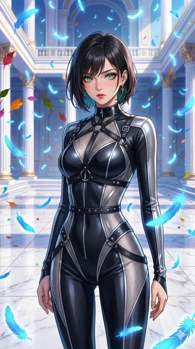 첨부의 캐릭터 얼굴만 유지해, score_9, masterpiece, best quality, ultra-detailed, Set C: High-budget Anime Keyframe, Korean woman. Upper body close-up from the thighs up, character filling the screen for maximum presence. Standing in a rain of blue feathers in a 
