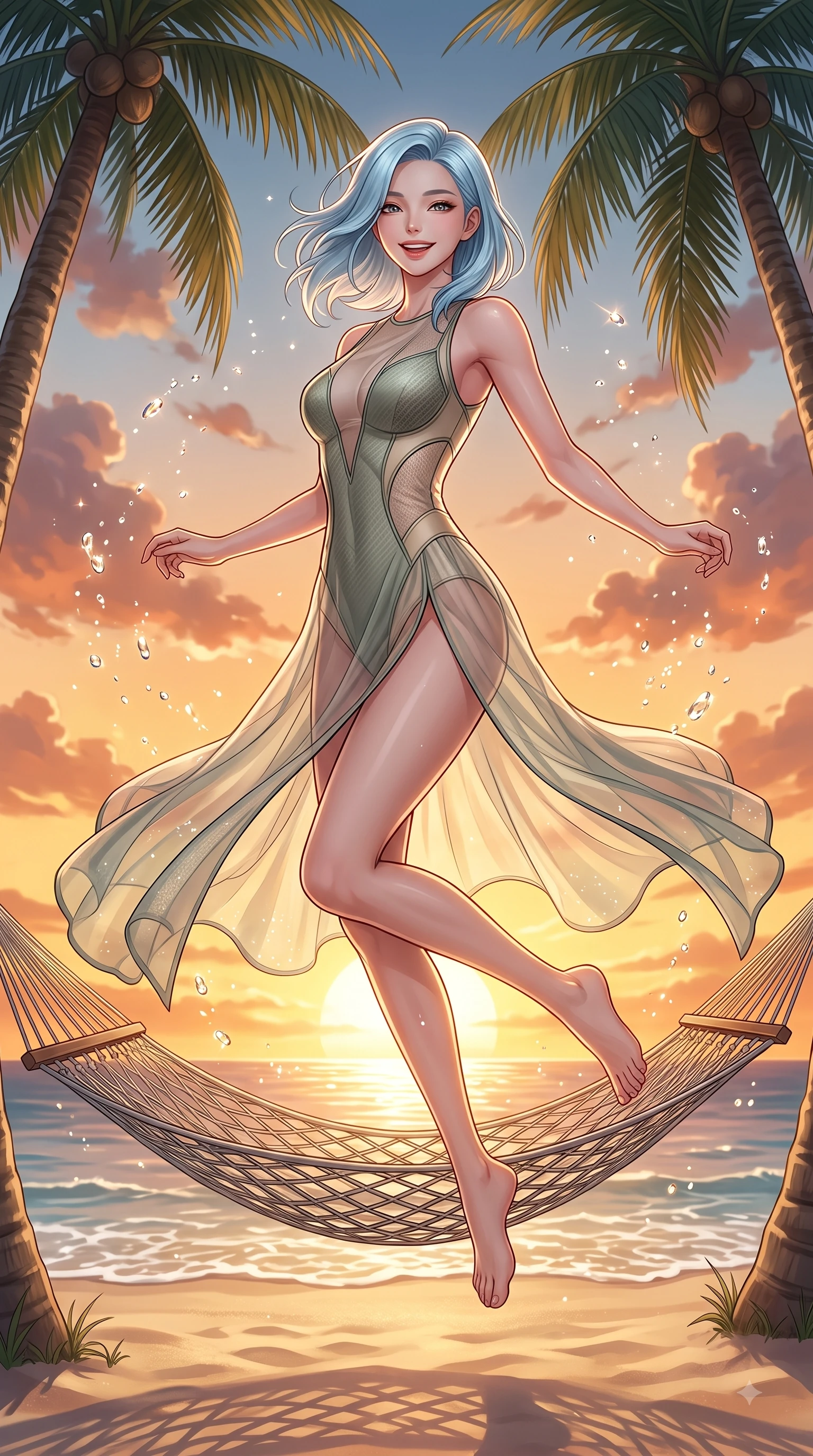 score_9, masterpiece, best quality, ultra-detailed, high-budget anime keyframe, editorial fashion photography, tasteful artistic composition, Korean woman. low angle full-body shot from head to toe showing her feet, filling the entire 9:16 vertical frame with her statuesque presence, stretching her vertical silhouette. performing a cheerful mid-air rotation with flawless poise, her radiant smile capturing pure happy energy while lounging joyfully on a sea-facing hammock suspended between coconut palms at golden hour, dazzling tropical sunlight scattering sparkling water droplets around her laughing silhouette. She has an absolutely perfect, statuesque 8.5-heads proportion, an exceptionally tall and slender model-like female figure with impossibly long slender legs and an ultra-slim waist. sharp v-shaped jawline, high-bridge nose, intricate jewel-like eyes with depth, thick eyelashes, glossy lips with a natural sheen, flawlessly proportioned anatomical accuracy, natural body alignment, perfectly sculpted elegant limbs, clean dynamic posture without body distortion. wearing a semi-opaque sheer overlay dress over a leather micro-bodysuit in sage green and oatmeal, made of fine carbon-fiber weave and soft matte leather, finished with a sleek side slit ascending to mid-thigh, the glove-like fit emphasizing her statuesque silhouette during motion. illuminated by a glorious golden hour sunburst painting the clouds in joyful peach and amber. highly saturated vibrant anime colors, detailed shading with soft gradients, rich glossy textures, high-contrast stereoscopic depth, volumetric dynamic lighting, master piece, 9:16 ratio
