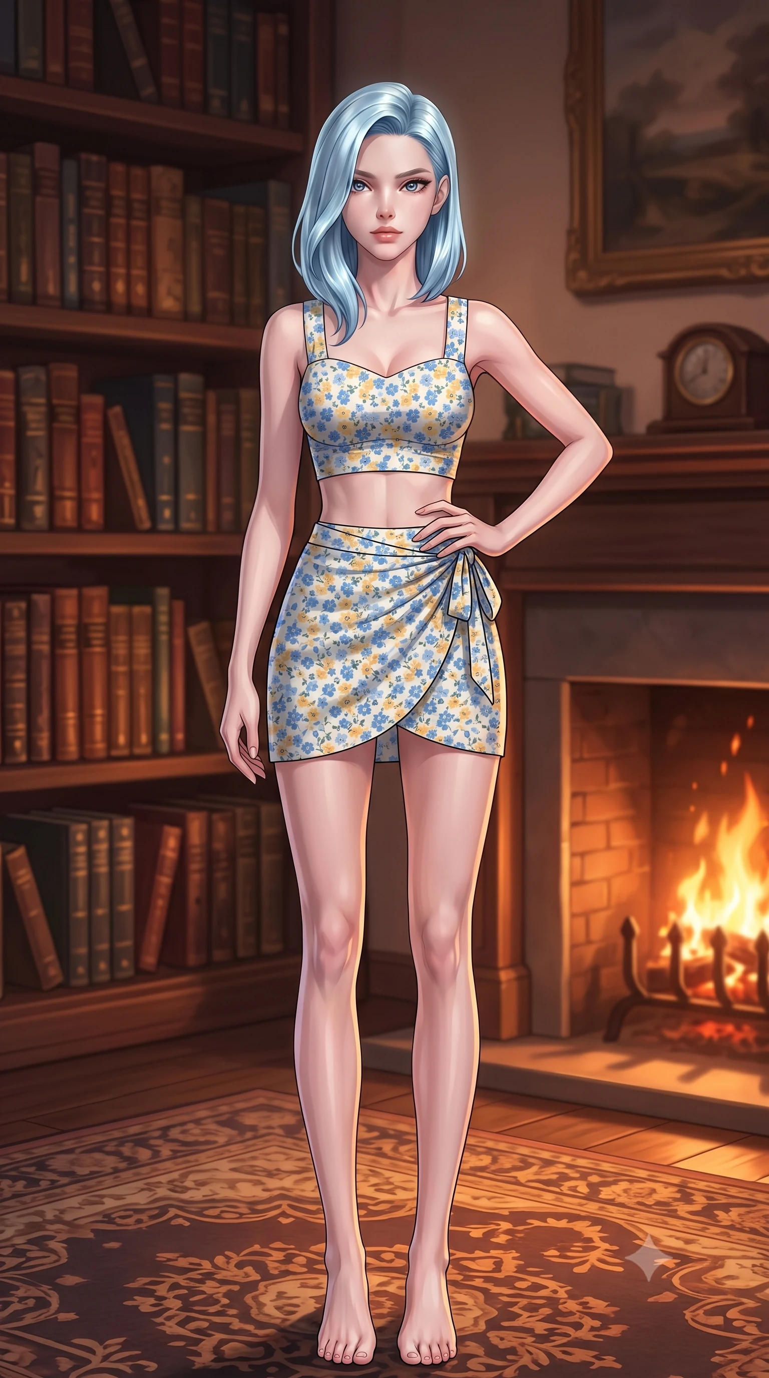 score_9, masterpiece, best quality, ultra-detailed, high-budget anime keyframe, tasteful artistic composition, Korean woman. low angle full-body shot from head to toe showing her feet, filling the entire 9:16 vertical frame with her statuesque presence, stretching her vertical silhouette. posing confidently with one hand on her hip, stretching her statuesque body to emphasize her curves the background shows a soft-focus a cozy personal study chamber lined with leather-bound books and a crackling fireplace. She has an absolutely perfect, statuesque 8.5-heads proportion, an exceptionally tall and slender model-like female figure with impossibly long slender legs and an ultra-slim waist. sharp v-shaped jawline, high-bridge nose, intricate jewel-like eyes with depth, thick eyelashes, glossy lips with a natural sheen. wearing a body-hugging summer vacation crop top and wrap skirt set in floral print cotton, showing her slim waist. the warm orange flicker of the hearth fire casting intimate shadows on the rug. highly saturated vibrant anime colors, cel-shading, 2d style, master piece, 9:16 ratio