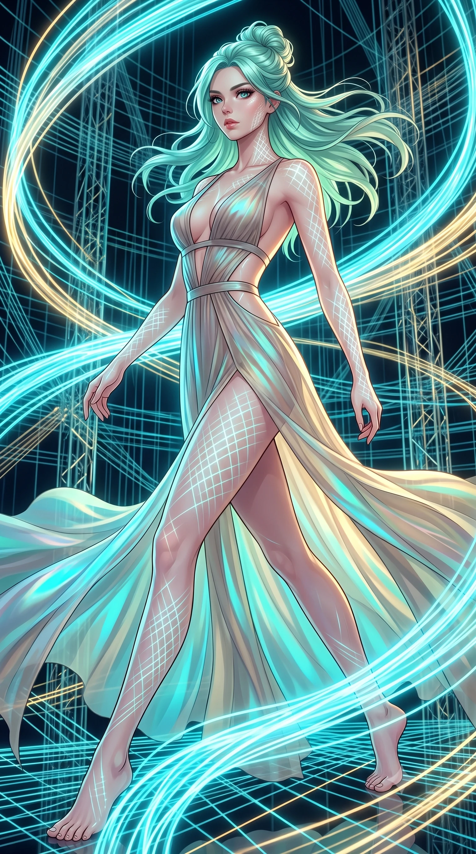 score_9, masterpiece, best quality, ultra-detailed, high-budget anime keyframe, editorial fashion photography, tasteful artistic composition, Japanese woman. low angle full-body shot from head to toe showing her feet, filling the entire 9:16 vertical frame with her statuesque presence, stretching her vertical silhouette. forging dynamically through the scene with her long slender legs and ultra-slim waist creating a sweeping S-curve while pivoting her torso in an S-curve alignment inside a 3D fiber-optic loom void, intricate geometric lattice patterns of light projected onto her skin. She has an absolutely perfect, statuesque 8.5-heads proportion, an exceptionally tall and slender model-like female figure with impossibly long slender legs and an ultra-slim waist. sharp v-shaped jawline, high-bridge nose, intricate jewel-like eyes with depth, thick eyelashes, glossy lips with a natural sheen, flawlessly proportioned anatomical accuracy, natural body alignment, perfectly sculpted elegant limbs, clean dynamic posture without body distortion. wearing a translucent iridescent chiffon gown with a plunging neckline and open back in muted taupe and soft ivory, crafted from iridescent chiffon that shifts colors in the light, featuring clean architectural cutouts along her slender torso, the sleek second-skin texture accentuating her magnetic presence. illuminated by the brilliant glow of cyan and gold luminescent plasma ribbons. highly saturated vibrant anime colors, detailed shading with soft gradients, rich glossy textures, high-contrast stereoscopic depth, volumetric dynamic lighting, master piece, 9:16 ratio