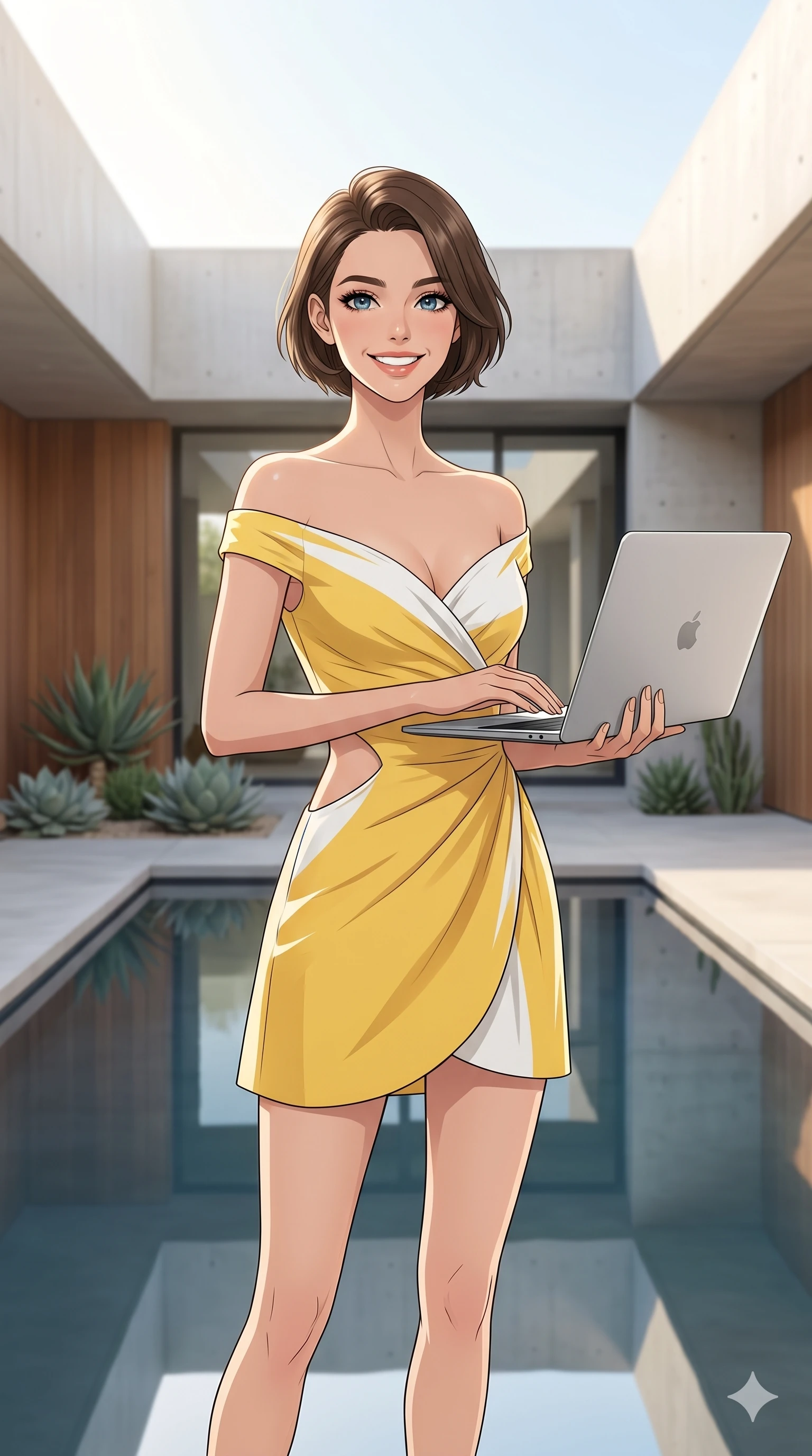 score_9, masterpiece, best quality, ultra-detailed, high-budget anime keyframe, editorial fashion photography, tasteful artistic composition, Caucasian woman, strictly human ears. cowboy shot from the thighs up, character and outfit filling the frame for maximum editorial presence. holding a modern laptop, looking at the camera with a bright, joyful smile inside a modern courtyard with a central reflection pool. She has an absolutely perfect 8-heads proportion, an exceptionally tall and slender female figure with impossibly long slender legs and an ultra-slim waist. V-shaped jawline, high-bridge nose, intricate jewel-like eyes with depth, thick eyelashes, glossy lips with a natural sheen. wearing a yellow and white cotton wrap dress with a tasteful side cutout and bare shoulders. drenched in morning sunlight casting a soft, clean glow over the courtyard. 2k, ultra detail, master piece, 9:16 ratio