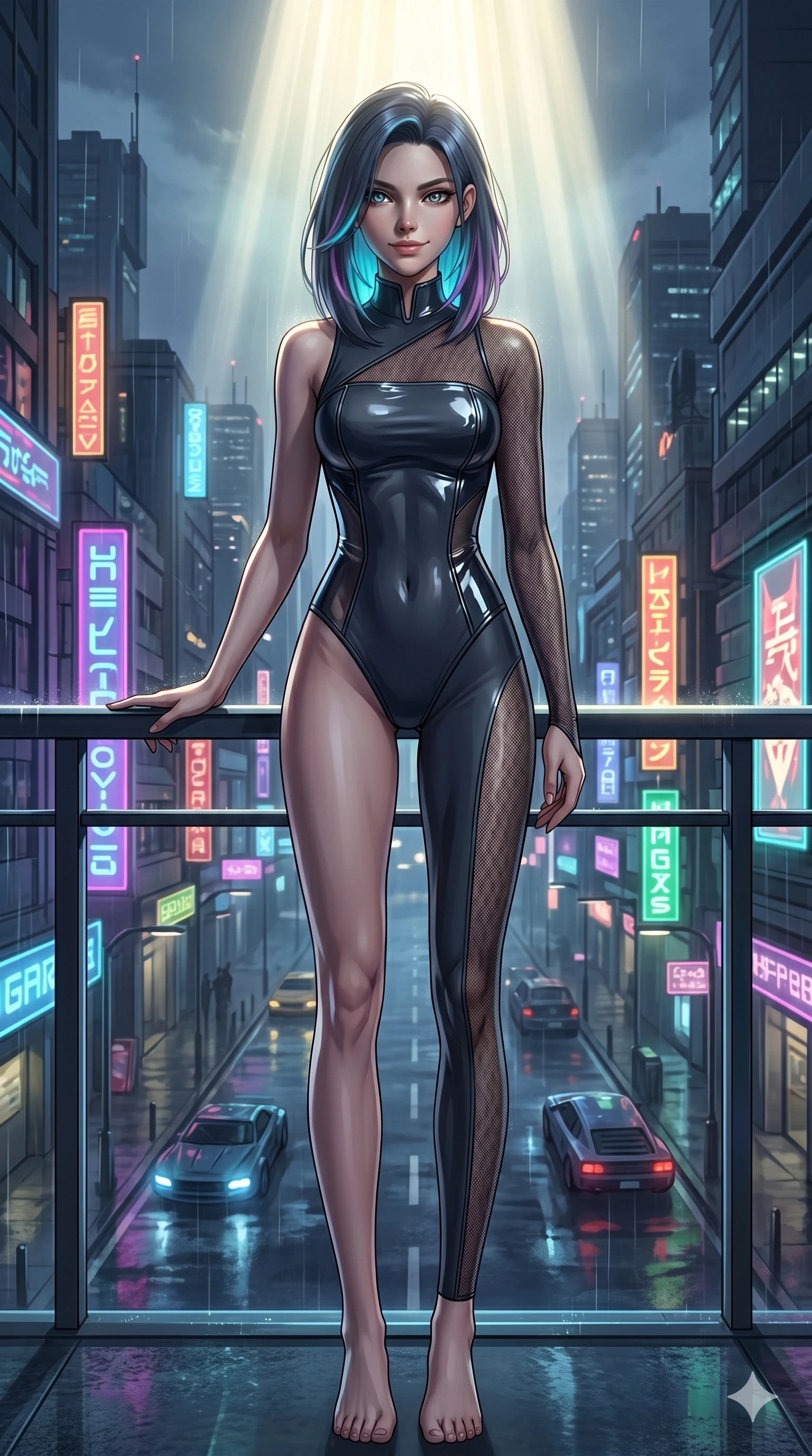 score_9, masterpiece, best quality, ultra-detailed, high-budget anime keyframe, editorial fashion photography, tasteful artistic composition, Caucasian woman, strictly human ears. cowboy shot from the thighs up, character and outfit filling the frame for maximum editorial presence. Smiling with quiet, magnetic self-assurance, her gaze holding the viewer in place on a neon-lit terrace overlooking a futuristic rain-slicked street scene, with a quiet silence hanging over the sacred ground. She has an absolutely perfect 8-heads proportion, an exceptionally tall and slender female figure with impossibly long slender legs and an ultra-slim waist. V-shaped jawline, high-bridge nose, intricate jewel-like eyes with depth, thick eyelashes, glossy lips with a natural sheen. wearing an asymmetric structured bodysuit in deep charcoal with a glossy vinyl overlay and sheer mesh inserts. drenched in cinematic god-ray sunlight descending from above, illuminating her form with bright highlights. 2k, ultra detail, master piece, 9:16 ratio