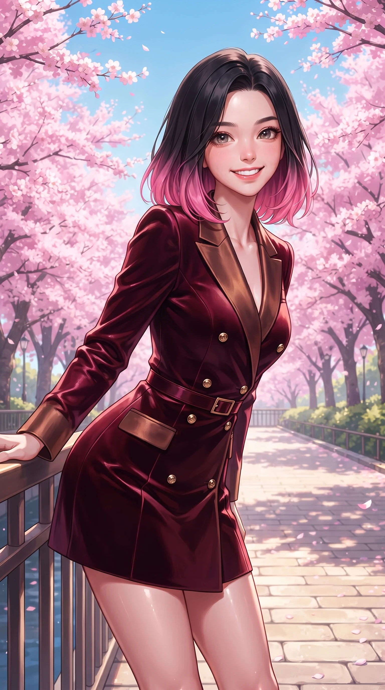 score_9, masterpiece, best quality, ultra-detailed, high-budget anime keyframe, editorial fashion photography, tasteful artistic composition, Korean woman. close-up cowboy shot from the waist and thighs up, the character dominates the composition, filling the frame with her large presence. Cheerful beaming smile with sparkling eyes and a fresh girlhood aura, leaning forward with playful grace while leaning gracefully against a sunlit park railing framed by vibrant pink flower canopies. The surrounding environment is rendered in vivid detail and crisp panoramic clarity. endless pink sakura tree arcades, sunlit stone pathways, and clear blue sky in deep focus. She has an exceptionally elegant, slender, and willowy female figure with an ultra-slim waist, a gracefully sculpted slender torso, and a refined silhouette. sharp v-shaped jawline, high-bridge nose, intricate jewel-like eyes with depth, thick eyelashes, glossy lips with a natural sheen, flawlessly proportioned anatomical accuracy, natural body alignment, perfectly sculpted elegant limbs, clean dynamic posture without body distortion. wearing a tailored double-breasted blazer dress with a sleek waist belt and clean lines in deep burgundy red and bronze accent, made of lustrous stretch velvet, adorned with delicate gold buttons along the front, the elegant draped fit framing her graceful clavicle and slender torso. illuminated by soft glowing pink ambient light and clear sky refractions. ultra-reflective glossy finish, specular highlights, metallic sheen, high-contrast stereoscopic depth, volumetric dynamic lighting, 2k, ultra detail, master piece, 9:16 ratio